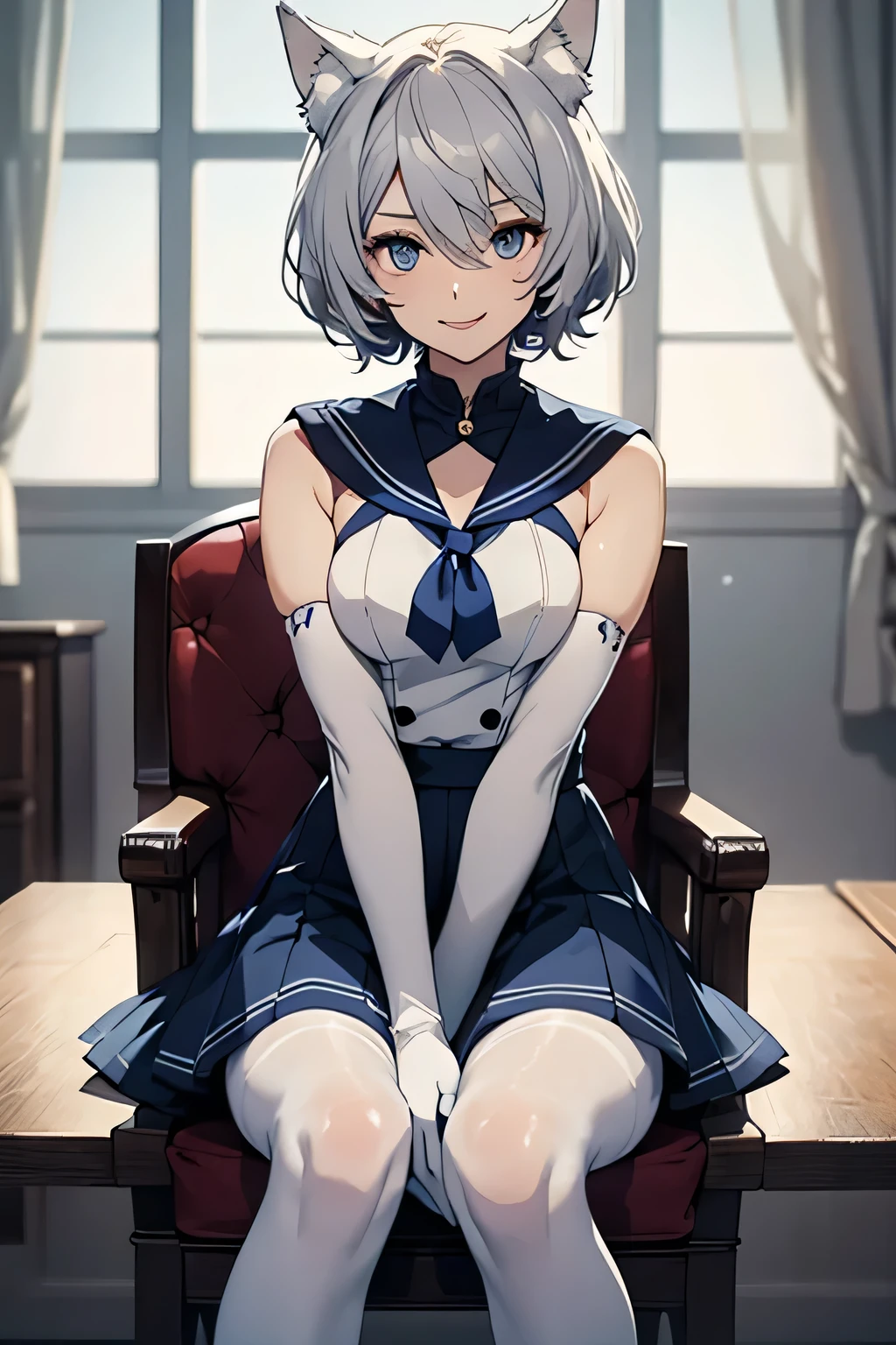 Tabletop　 Best image quality　wonderful　Attention to detail　One Young Woman（（Adult））Anime Style　White Sailor Suit（Sleeveless）　Navy blue mini skirt　snow-white gloves（Elbow Gloves）　Put your arms on your knees　White pantyhose　Wolf Ears　short hair（（Shortcuts）（Gray Hair）（Curly Hair）（fluffy））　smile（Happy）　Eye color is blue　background（Bedroom）　Sit on a chair　Beautiful feet