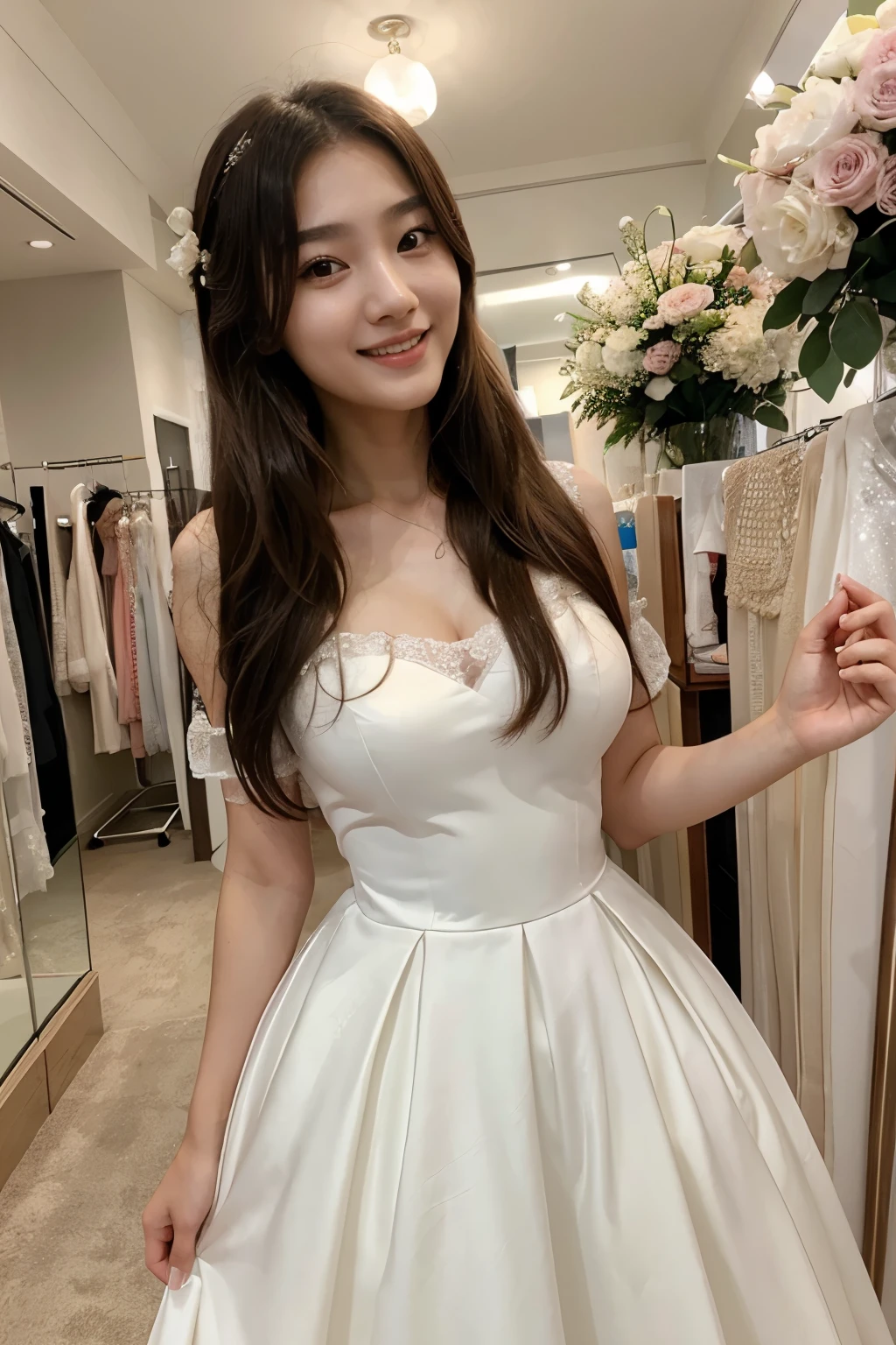 perfect face, korean, woman in her 20s, long hair, wedding dress, smile, pretty, bust, Wedding Shop