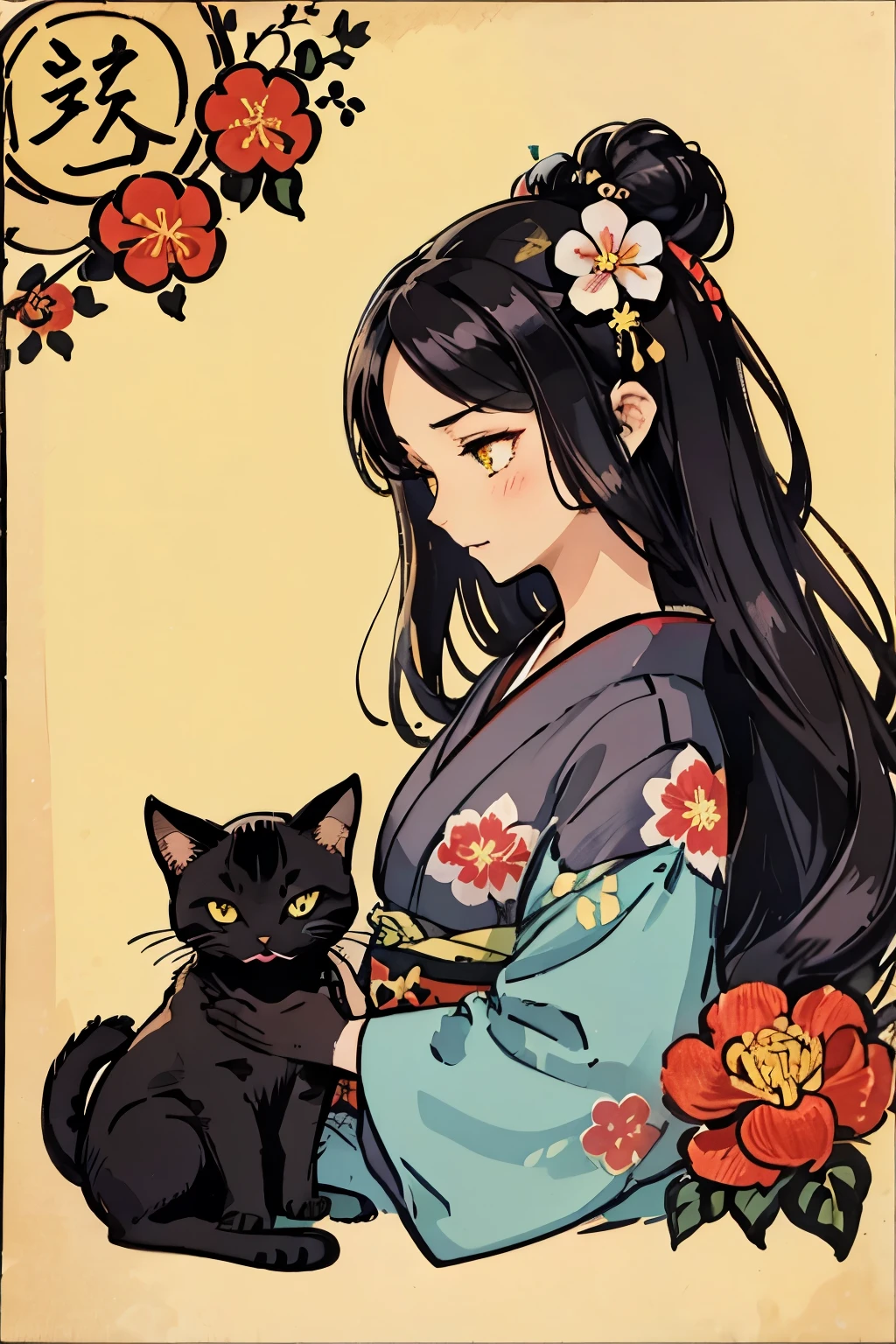 propose a very attractive design, 1 girl and 1 cat, masterpiece, katsushika hokusai-kaze, natural color design, morning glory flowers, bold and beautiful floral design, summer image, japanic style, detailed diagram of the pattern, with the highest quality, masterpiece high resolution, ukiyoe style, artistic style, postcard design, balanced design, composition that fits well, emo art, ukiyo-e style, japanese aesthetic, 4k resolution, gorgeous background art, attributes of a person (profile, seen from the side, elegant smile, top grade, neuter, honor students, a dark-haired, lustrous hair, unclear, poor, slender, virtuous, well-behaved, good impression), cat attributes (black cat, pitch black cat, cute little, ultra cute, yellow eyes, lithe)