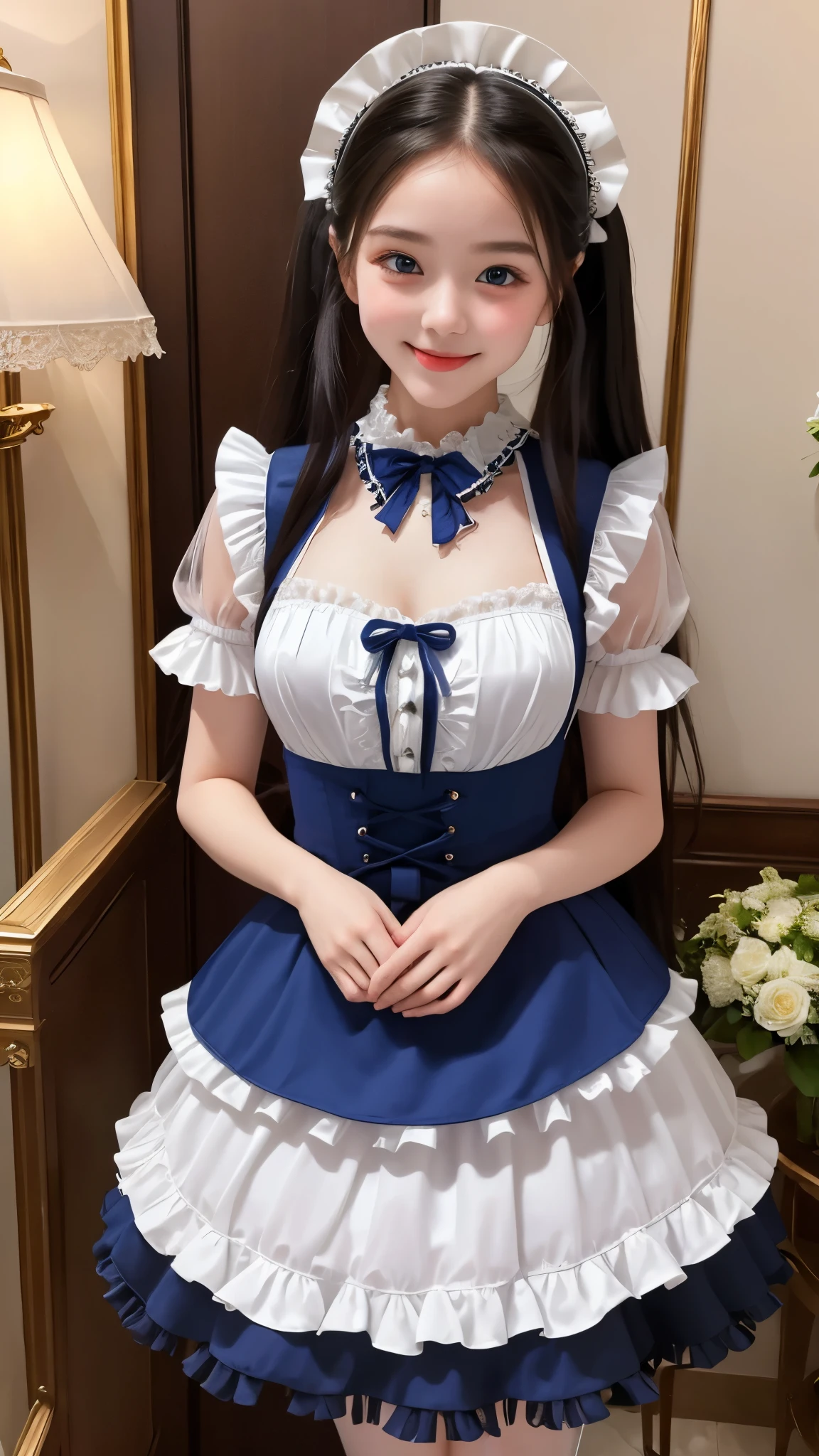 ((masterpiece)), ((highest quality、Ultra high definition)), (Very detailed),8K、(Photo quality)、(((Amazingly cute girl))), 16-year-old girl, (Beautiful sapphire blue eyes), ((smile)),White skin、Glossy lips、In the spacious lobby of a huge, ultra-luxurious resort hotel, Beautifully arranged black hair in twin tails、Lace fabric ribbon、whole body、(Slim figure)、((Super high-end white see-through summer gothic lolita maid costume、A super mini skirt with lots of frills))、Professional Lighting、(White lace knee-highore detailed and beautiful)、(More details and cutenesore realistic)、(((Ultimate cuteness in every way)))、