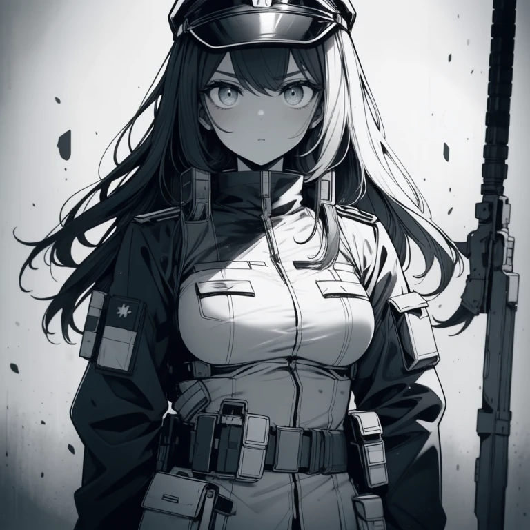 1 soldier girl. She is wearing a military uniform. She is wearing a helmet. She has PTSD. She is holding a rail-gun. Black and white. Monochrome color scheme. long hair. intense look in her eyes. Survival bag on her back. Wave/water symbol on her chest-plate. 