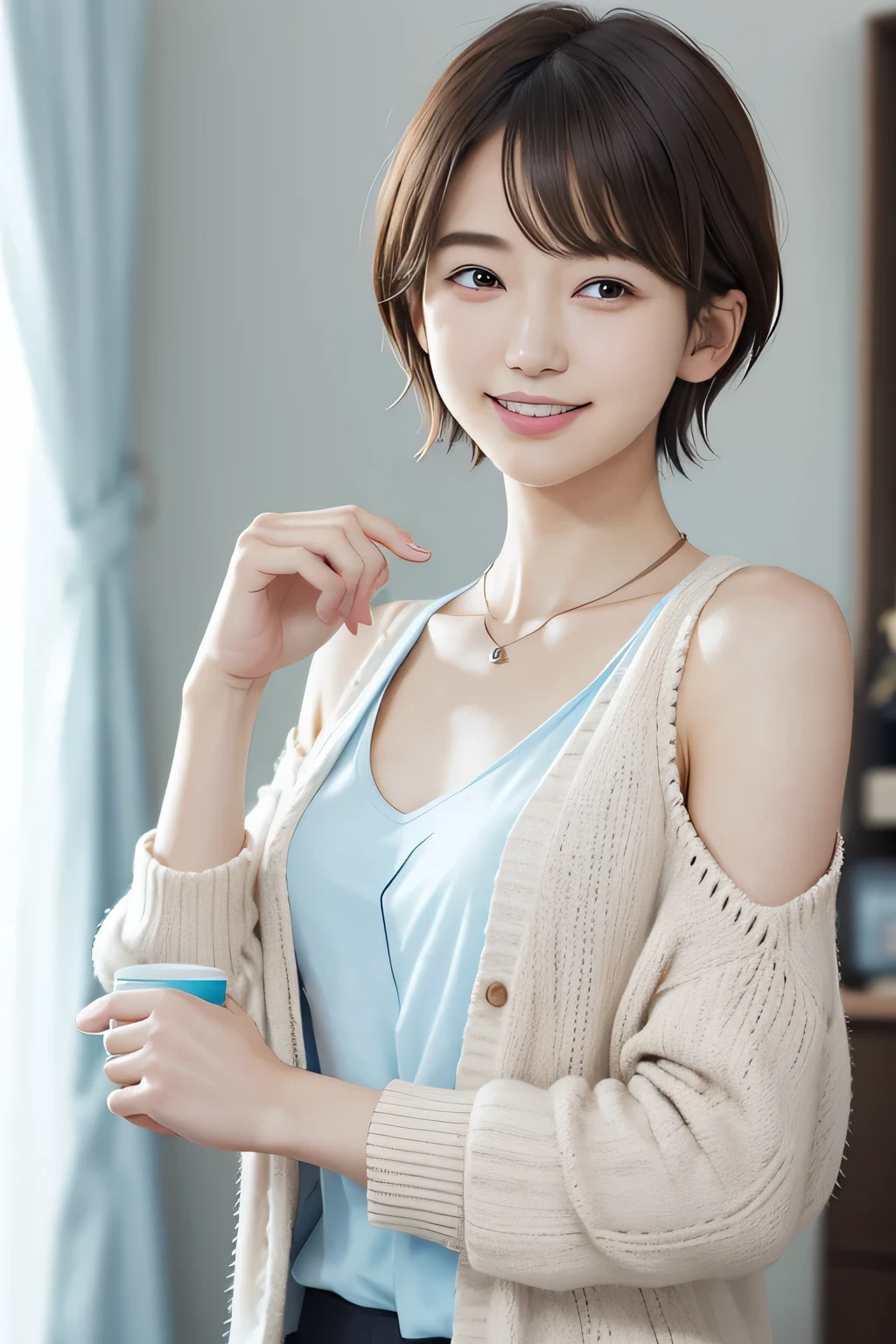 205 ((short hair)), 20-year-old female, In underwear、Put a cardigan over your shoulders、 A refreshing smile、Beautiful teeth alignment、Dark eyeliner、Dark brown hair、ear piercing、Necklace around the neck、Looking at the cameraカーディガンを袖を通さずに着ている