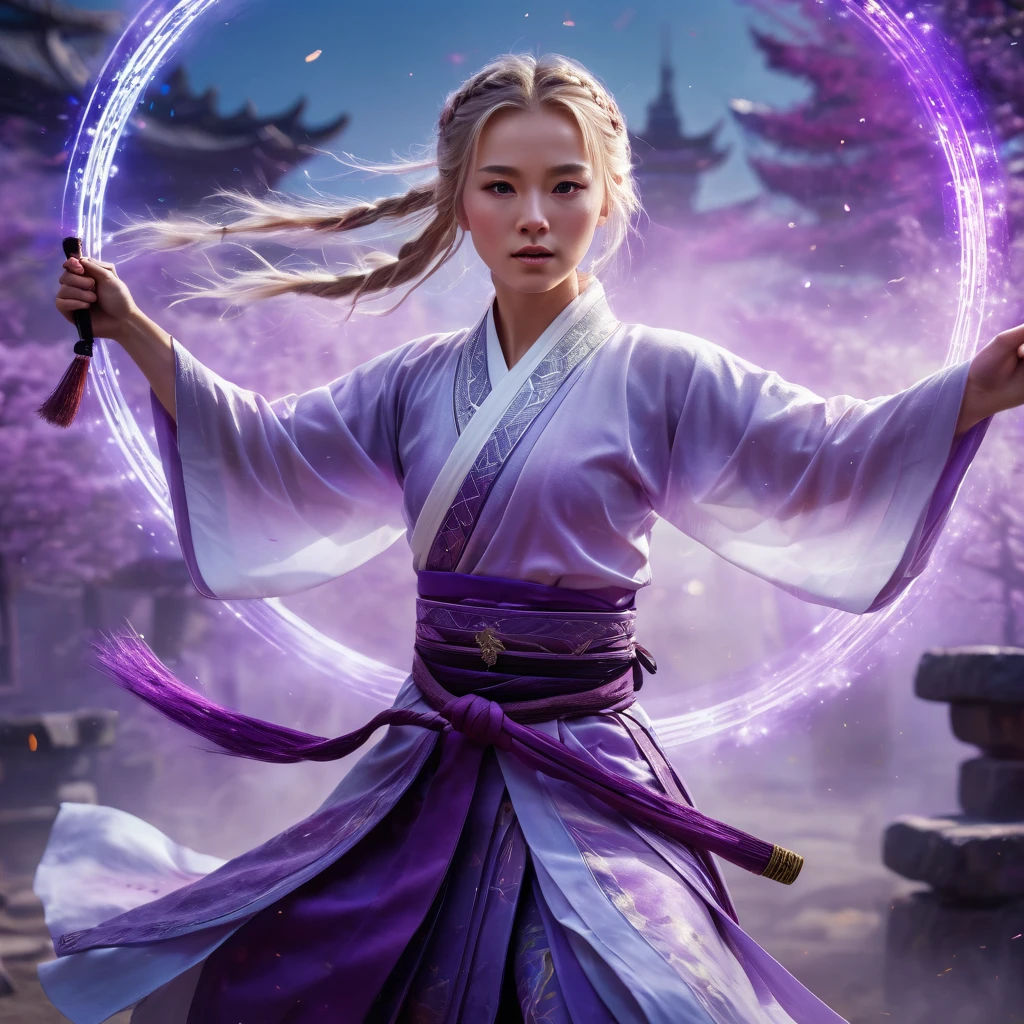 A handsome Norwegian girl, sharp eyes, clear facial features, wearing Hanfu, combat posture, martial arts movements, body surrounded by purple mist, runes around, holographic reality, holographic halo, motion blur, game light effects, edge light, soft light, movie edge light, delicate light, masterpiece, super detailed, epic composition, super HD, high quality, highest quality, 32k