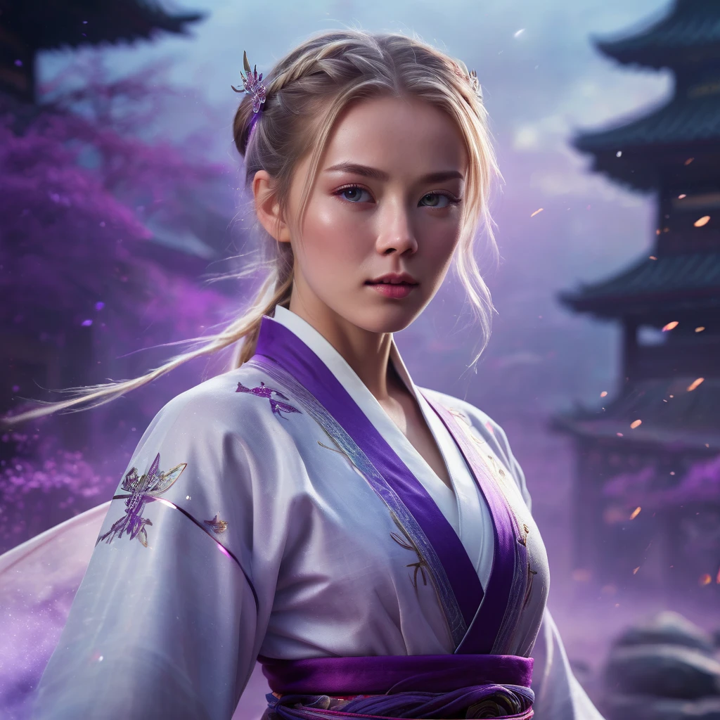 A handsome Norwegian girl, sharp eyes, clear facial features, wearing Hanfu, combat posture, martial arts movements, body surrounded by purple mist, runes around, holographic reality, holographic halo, motion blur, game light effects, edge light, soft light, movie edge light, delicate light, masterpiece, super detailed, epic composition, super HD, high quality, highest quality, 32k
