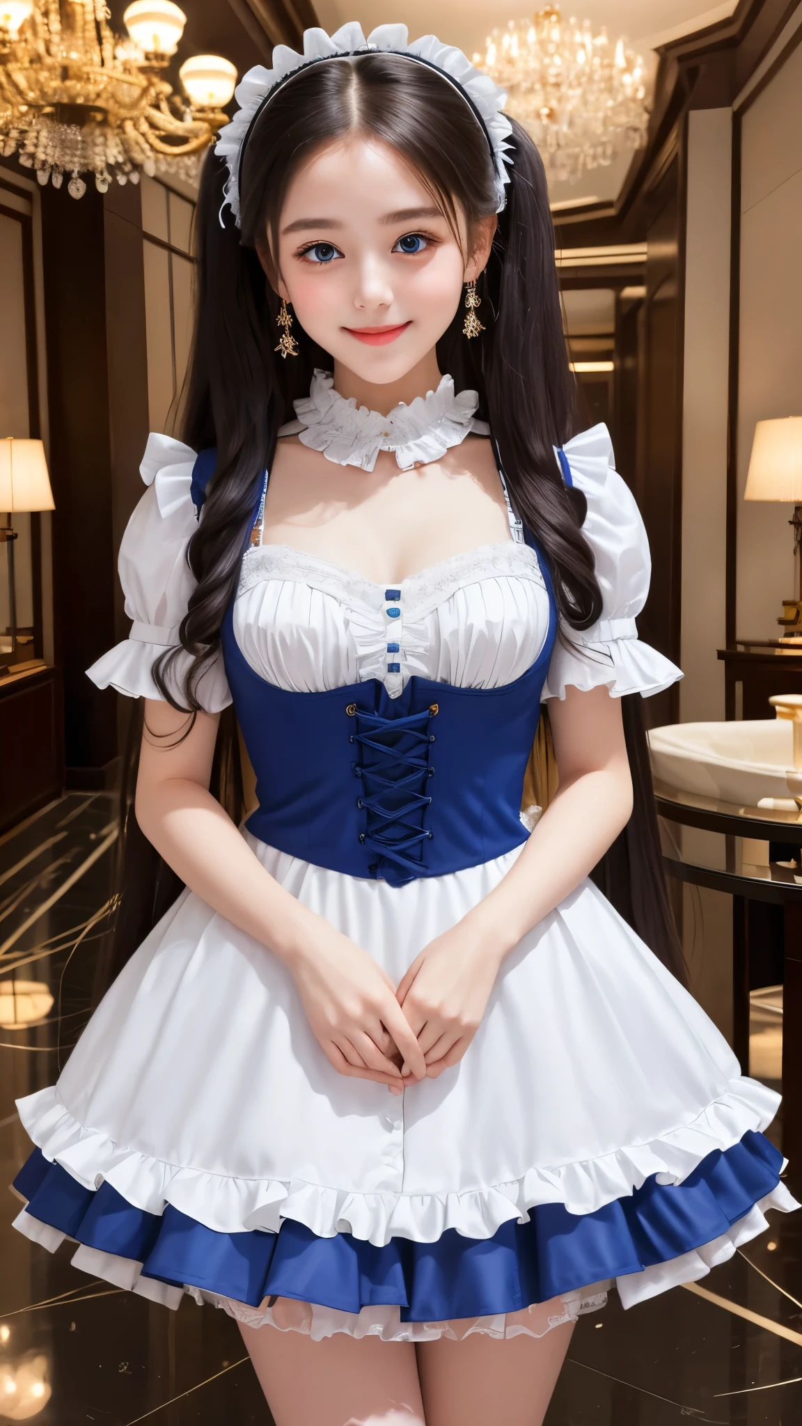 ((masterpiece)), ((highest quality、Ultra high definition)), (Very detailed),8K、(Photo quality)、(((Amazingly cute girl))), -yeld gi (Beautiful sapphire blue eyes), ((smile)),White skin、Glossy lips、In the spacious lobby of a huge, ultra-luxurious resort hotel, Beautifully arranged black hair in twin tails、Lace fabric ribbon、whole body、(Slim figure)、((Super high-end white see-through summer gothic lolita maid costume、A super mini skirt with lots of frills))、Professional Lighting、(White lace knee-highore detailed and beautiful)、(More details and cutenesore realistic)、(((Ultimate cuteness in every way)))、