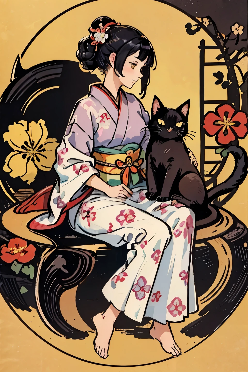 propose a very attractive design, 1 girl and 1 cat, masterpiece, katsushika hokusai-kaze, natural color design, morning glory flowers, bold and beautiful floral design, summer image, japanic style, detailed diagram of the pattern, with the highest quality, masterpiece high resolution, ukiyoe style, artistic style, postcard design, balanced design, composition that fits well, emo art, ukiyo-e style, japanese aesthetic, 4k resolution, gorgeous background art, attributes of a person (profile, seen from the side, elegant smile, top grade, neuter, honor students, a dark-haired, lustrous hair, unclear, poor, slender, virtuous, well-behaved, good impression), cat attributes (black cat, pitch black cat, cute little, ultra cute, yellow eyes, lithe)