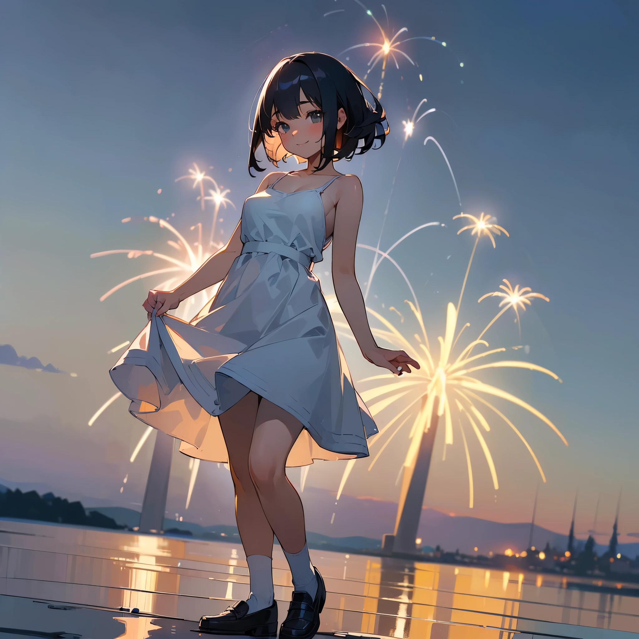 (high quality, High resolution, Very detailed, reality:1.37), Peaceful atmosphere, (Night Sky, firework), Teenage girl standing alone, (my breasts are big.), Beautiful details, Cute Smile, (Black bob hair), White camisole dress, White socks, loafers.
