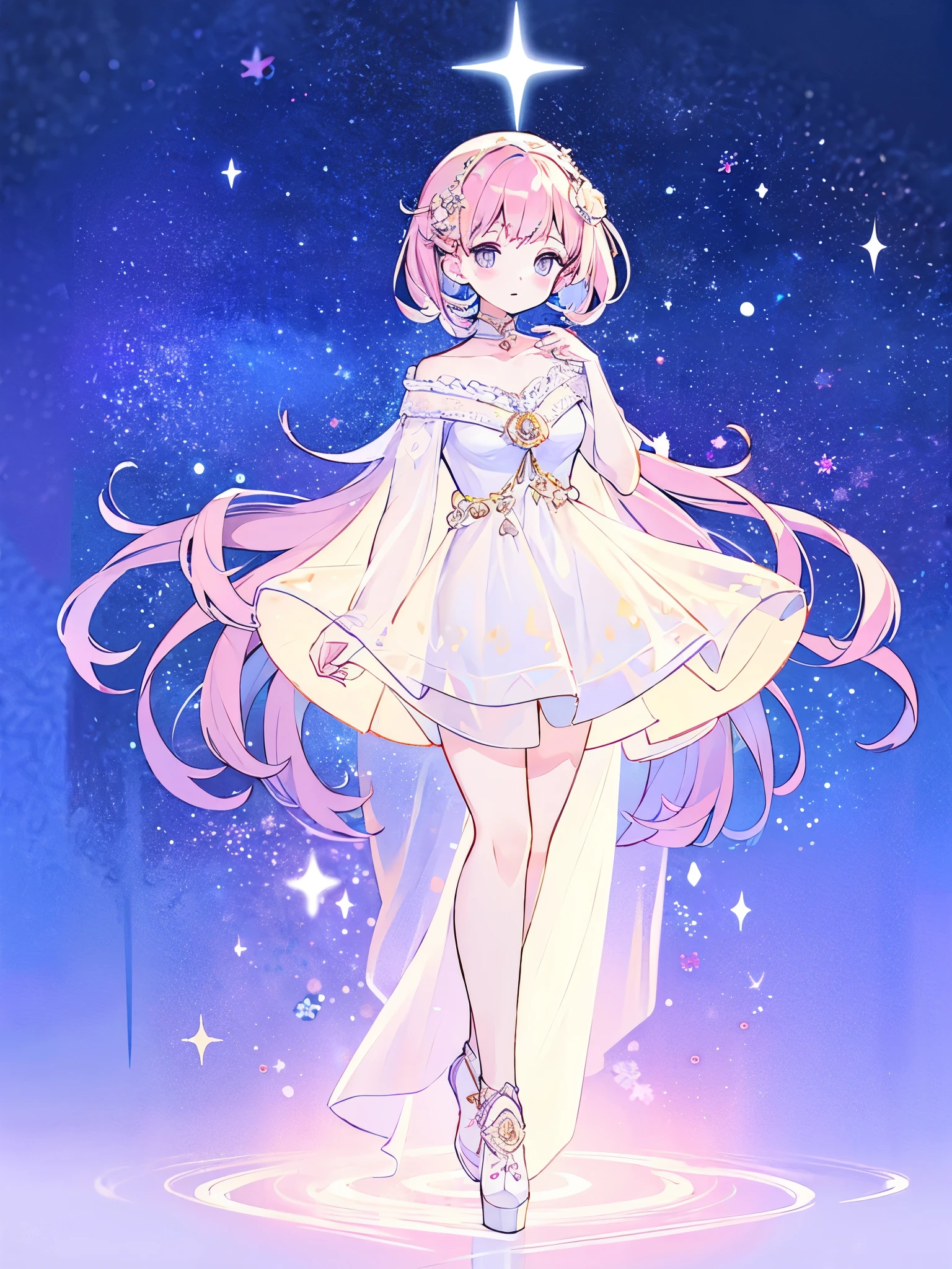 complex background, wishing star background, a woman wearing an ethereal mystical pink translucent dress that reflects the stars, perfume promo art, mystic, complex drawing, highly detailed, Covergirl brand, promo art, artistic rendition, ethereal, starry night, midjourney style