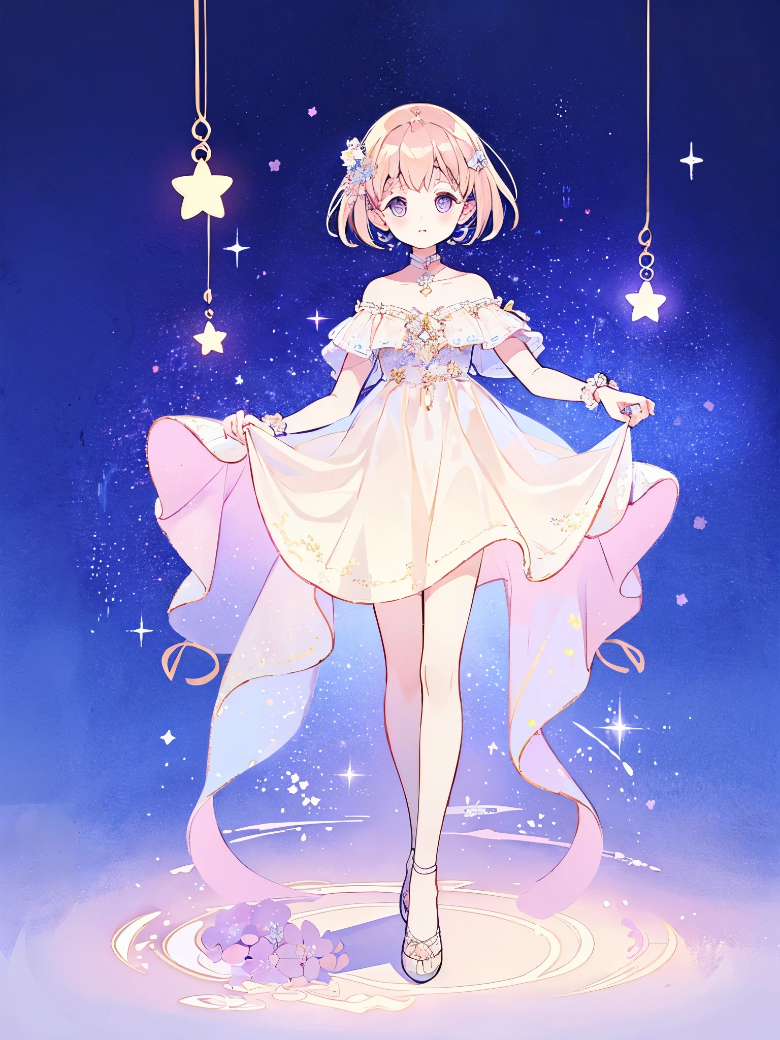 complex background, wishing star background, a woman wearing an ethereal mystical pink translucent dress that reflects the stars, perfume promo art, mystic, complex drawing, highly detailed, Covergirl brand, promo art, artistic rendition, ethereal, starry night, midjourney style
