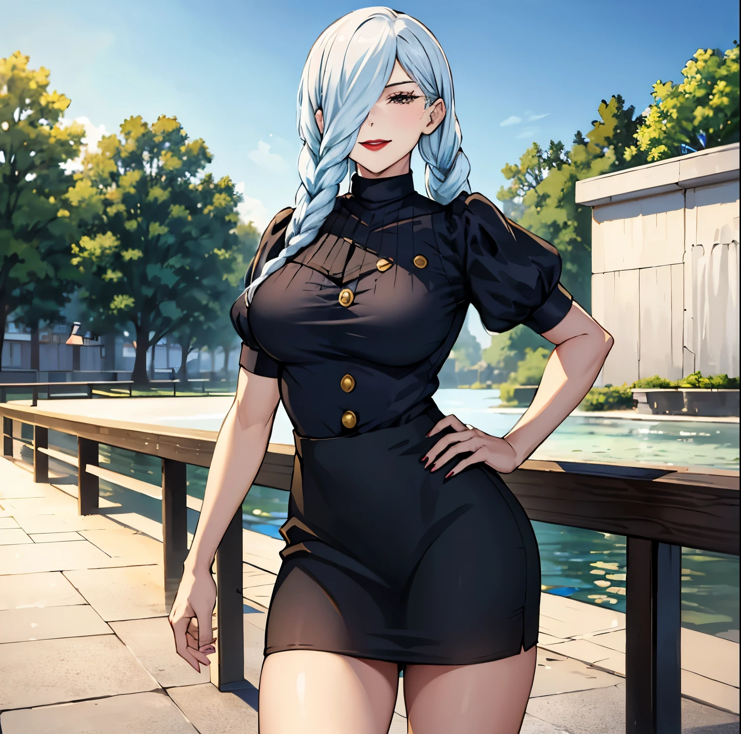 1 girl, alone, mei mei, masterpiece, best quality: 1.2), smile, red lips, ponytail, white top, tight top, (short shorts), side locks, black shorts, alone, (clavicle), clothes taut, open air, no menswear, (long_locks), (thick_locks), ((the skirt has gold buttons)), bare_neckline, tilted head, silver hair, she is in the center of the image, cowboy photo, standing, (((hand on chin))), looking at viewer, from behind, point of view (from below), large breasts, medium waist, wide hips, medium thighs, round butt, outdoors, bench, perfect anatomy, perfect hands