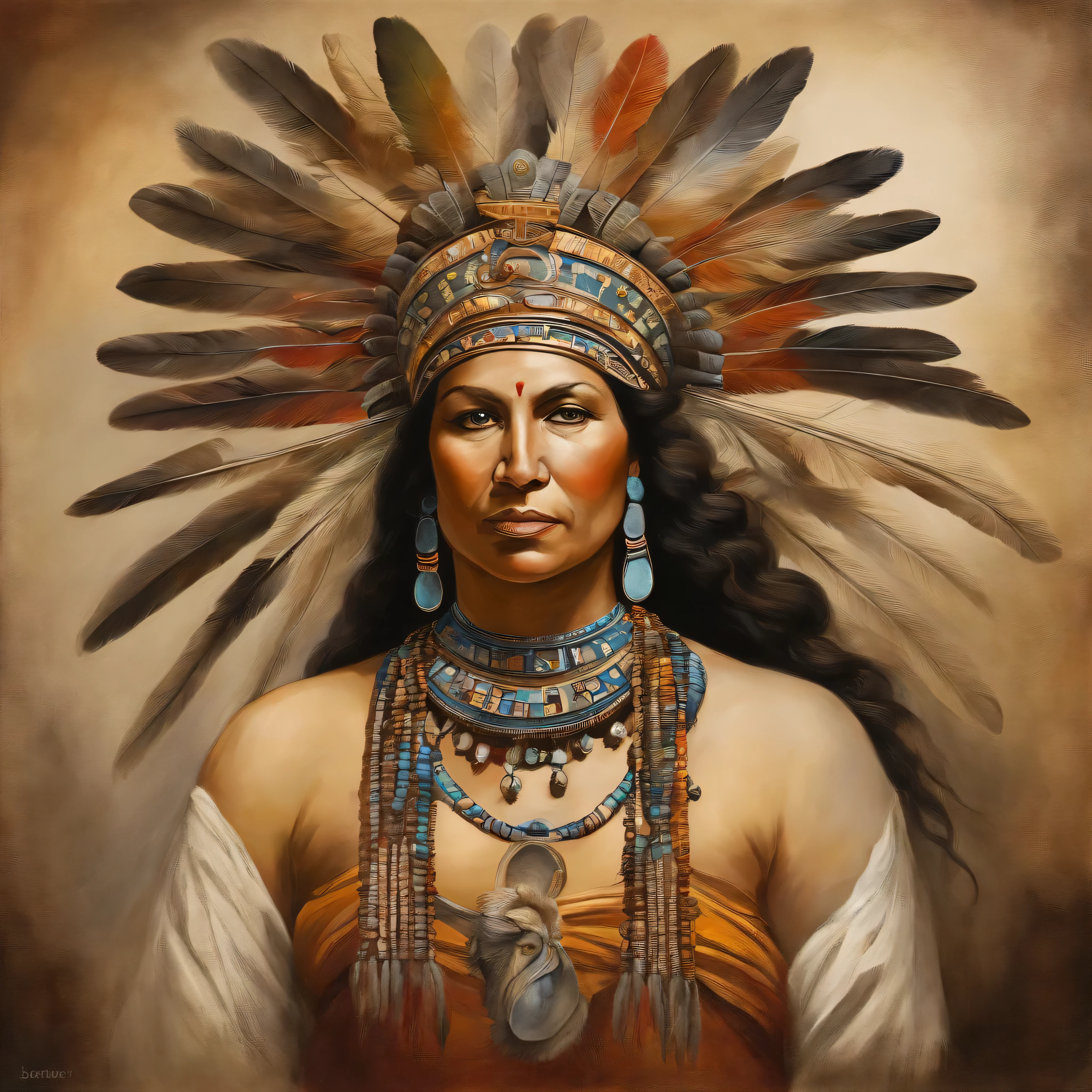 vista lateral, corpo inteiro, 600 billion.c. uma mulher, spiritual leader of the Mesoamerican civilization of Teotihuacan, adornada com pinturas corporais, necklace and headdress typical of its people, She's angry, Reaching out in front, But there's no one in front of you, sem antecedentes, Estilo Jacques-Louis David.