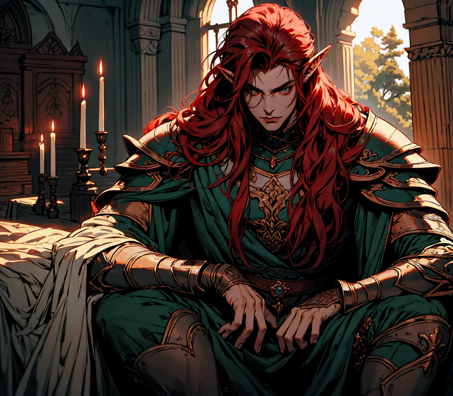 {Obra de arte, melhor qualidade, 1 homem, adulto, foco masculino, Sozinho, red hair, cabelo longo, olhos vibrantes, heavy armor, boca fechada, Fantasy aesthetic, altamente detalhado, cabelo vermelho, estilo shadowverso, armadura do cavaleiro elfo, male face, portrait, elf ear, cabelo vermelho, cabelo vermelho. sitting. Prepare-se para mergulhar em um mundo onde a beleza e o artesanato se fundem perfeitamente, anatomically correct, looking to the side, arm over knee