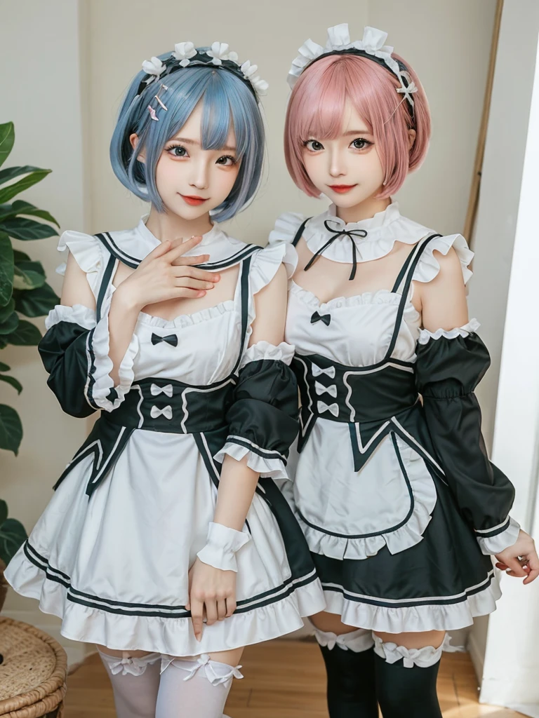 Accurate depiction with high resolution,(8K, Photorealistic, Raw photo, of the highest quality: 1.3), (1girl in), Super beautiful, (Realistic face), (boyish, pink Color Berry Shorthair), Beautiful , Glare that captivates the viewer, Beautiful expression, Beautiful breasts, (Realistic skin), Be...Create a detailed and colorful image of Ram and Rem from Re:Zero, standing back-to-back in their maid outfits, with a magical fantasy background、14years old, two girls,cute, perfect face, beautiful, nice body, gothic lolita clothes, gothic lolita fashion, frilly skirt, headdress, necklace, bracelet, knee-high socks, boots, double eyelids, tear bags, Detailed down to the fingers, photo-like description, indoors, dim indoor lighting, one girl is pink hair and short bob, another girl is light blue hair and short bob,standing,whole body, composition that shows the whole body, smiling,The Both of them are wearing the same type of maid outfit,Optimal ratio of 4 fingers and 1 thumb,walking