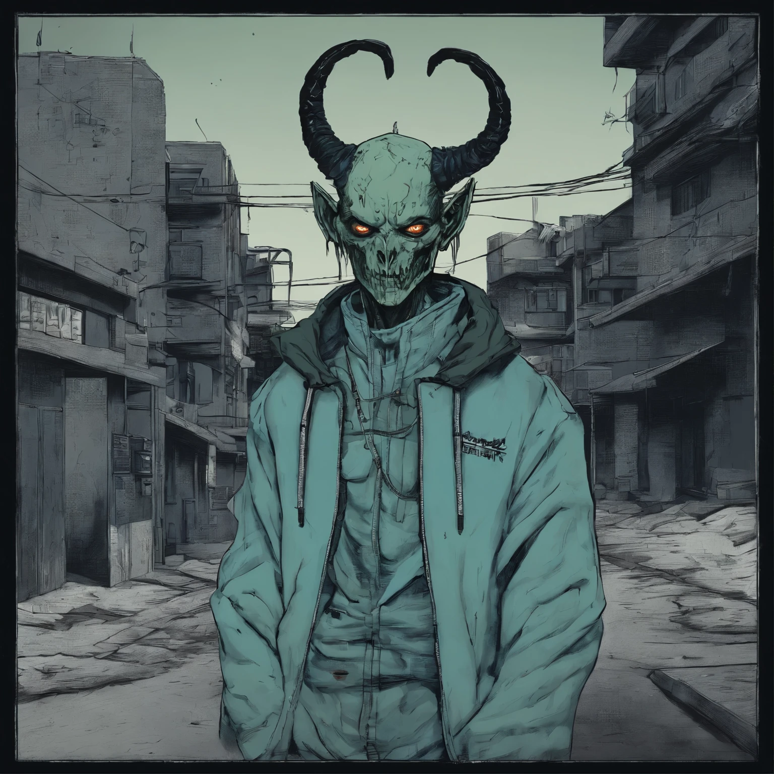 nijilorahorn a pertty nijiboy with crystal - clear horns, wearing blue - green skiwear, twintails, big beautiful ODD eyes, big warm grin, On the streets of a cyberlunk desert city