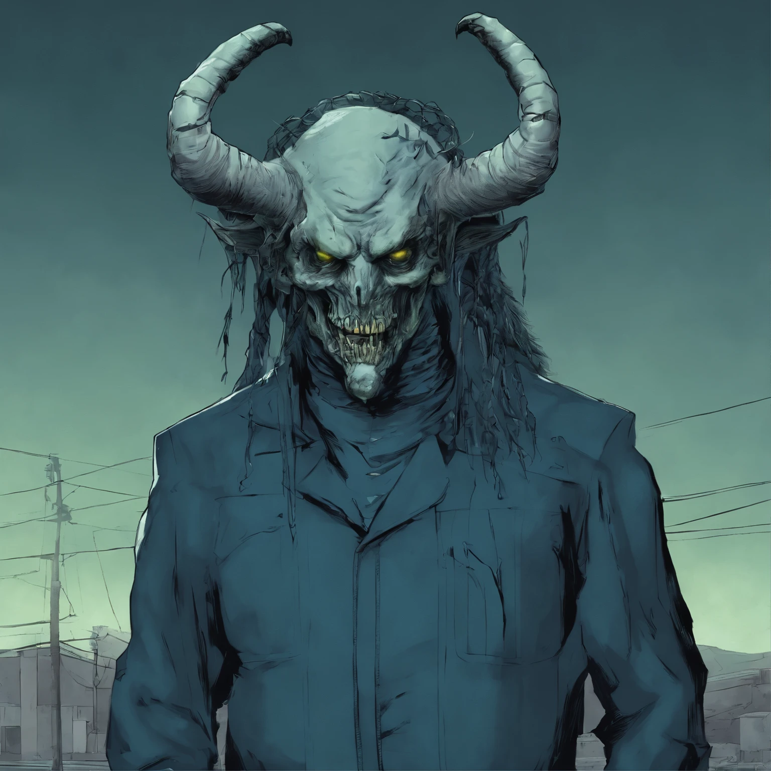 nijilorahorn a pertty nijiboy with crystal - clear horns, wearing blue - green skiwear, twintails, big beautiful ODD eyes, big warm grin, On the streets of a cyberlunk desert city 
