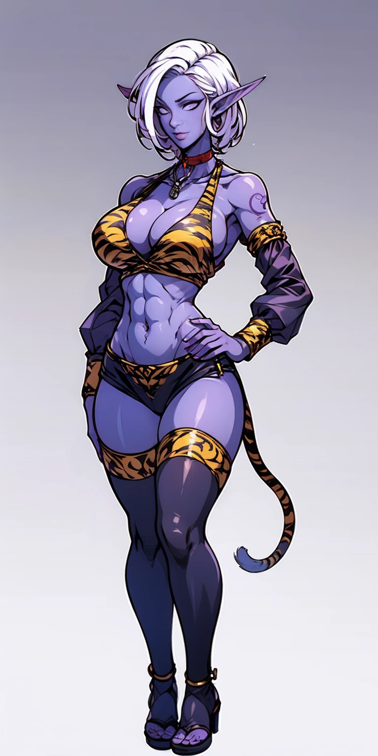 (Masterpiece, grey background:1.2) full body standing straight symmetrical looking to the viewer, view from below, far shot, cow boy shot, purple skin, drow, elf, 1girl, mature, purple eyes, pinched eyes, short silver white hair cut (yellow tiger bikini print long sleeves and long stockings) abs, navel, big knockers, tatter rags, leather choker, chain collar, stomach tattoo (red tattoo) hands on hips, wide hips, thick thighs, metal sandals