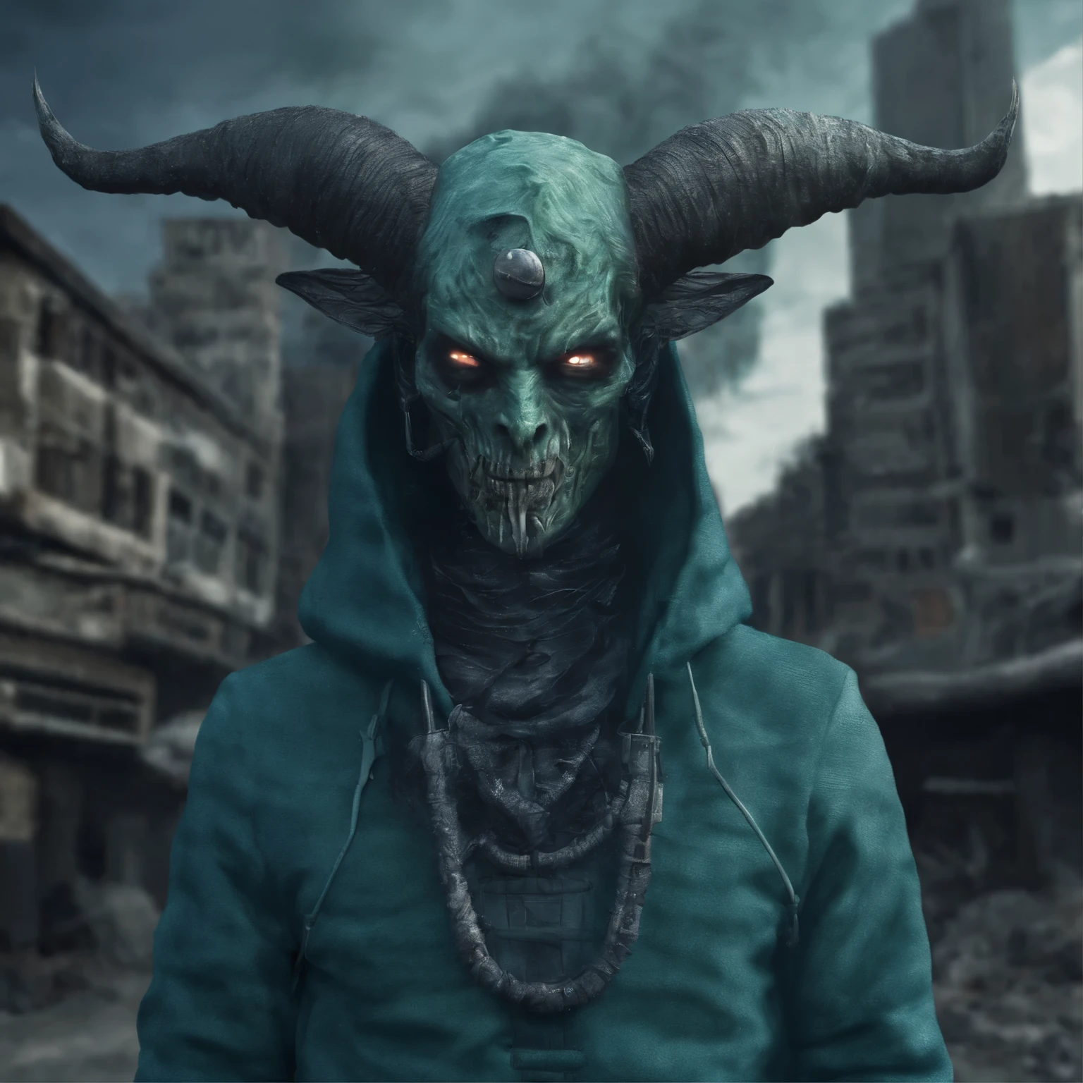 nijilorahorn a pertty nijiboy with crystal - clear horns, wearing blue - green skiwear, twintails, big beautiful ODD eyes, big warm grin, On the streets of a cyberlunk desert city