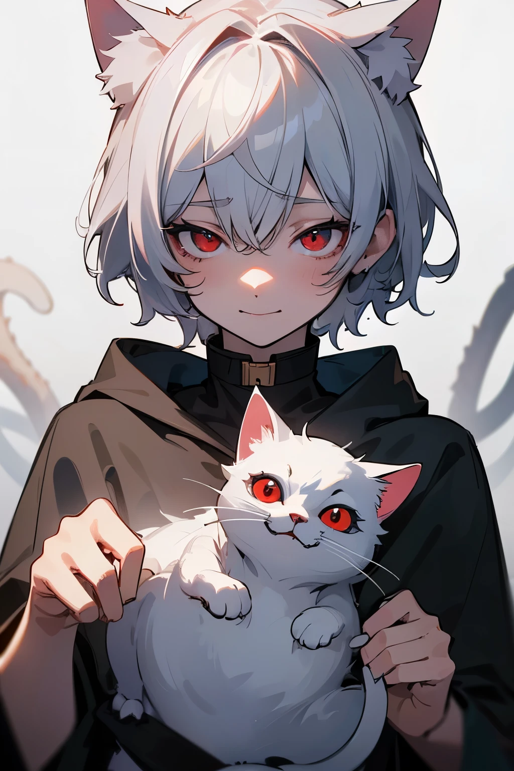 超High resolution, retina, masterpiece, Accurate, Anatomically correct, Rough skin, Very detailed, Advanced Details, high quality, Awards, 最high quality, High resolution, High resolution, 4K,(anime,8k,masterpiece, 最high quality, 最high quality,beautifully、beautiful:1.2,Professional Illustration:1.1,Very detailed:1.3,Perfect lighting),Very detailed,Most detailed,High resolution，Pale Face，Red eyes，A cute boy, Cat ear，Silver Hair，short hair，Wicked Smile，Upper Body，hoodie，(Horror:1.5)