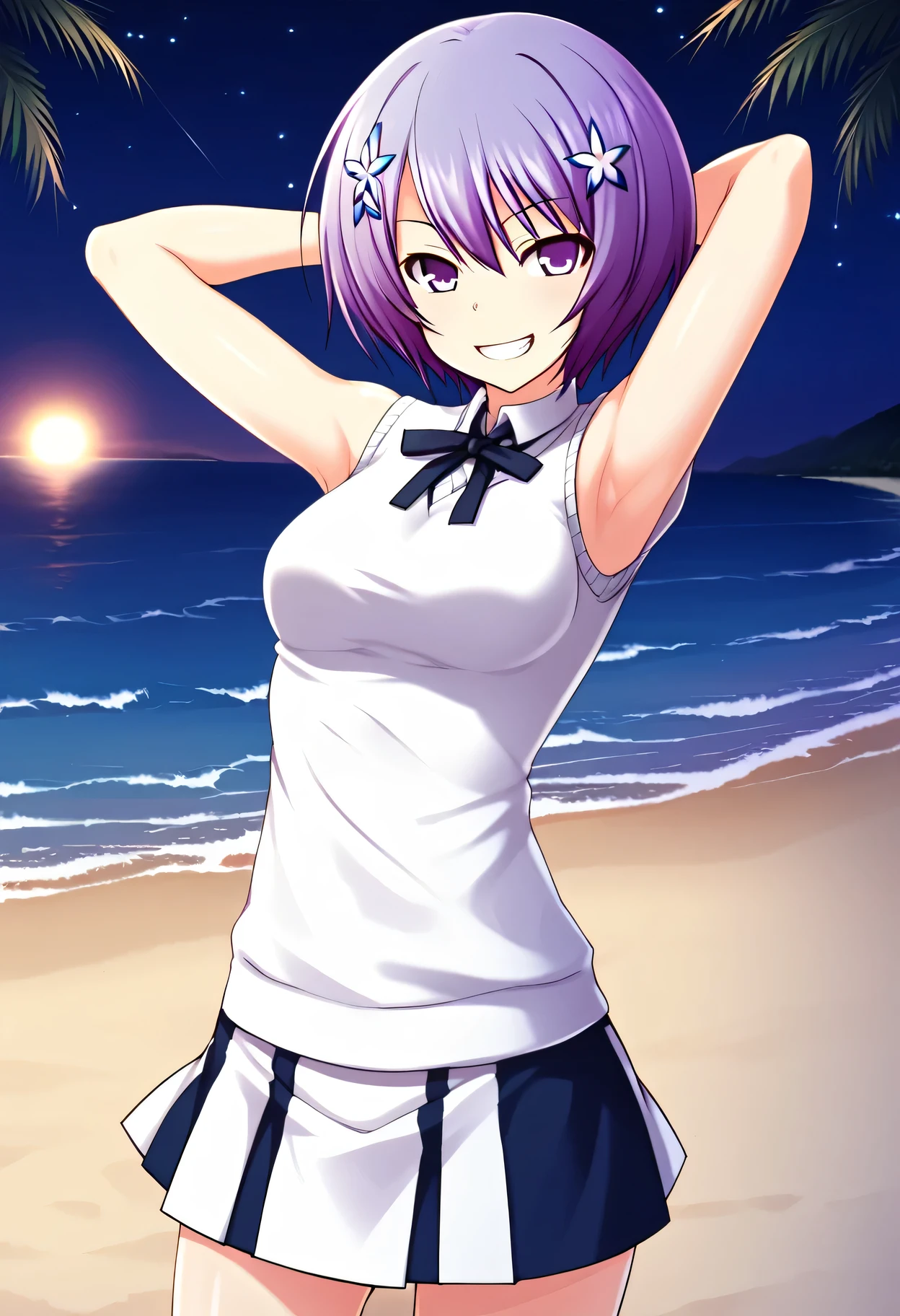 Shiina Miyako, purple hair, short hair, purple eyes, hair ornament, , short sleeves, white sweater vest, white shirt, white skirt, neck ribbon, black ribbon, high quality, solo, night sky, beach, arms behind head, contrapposto, closed mouth, spread armpits, (cowboy shot:1.5), looking at viewer, smile, best quality, grin,