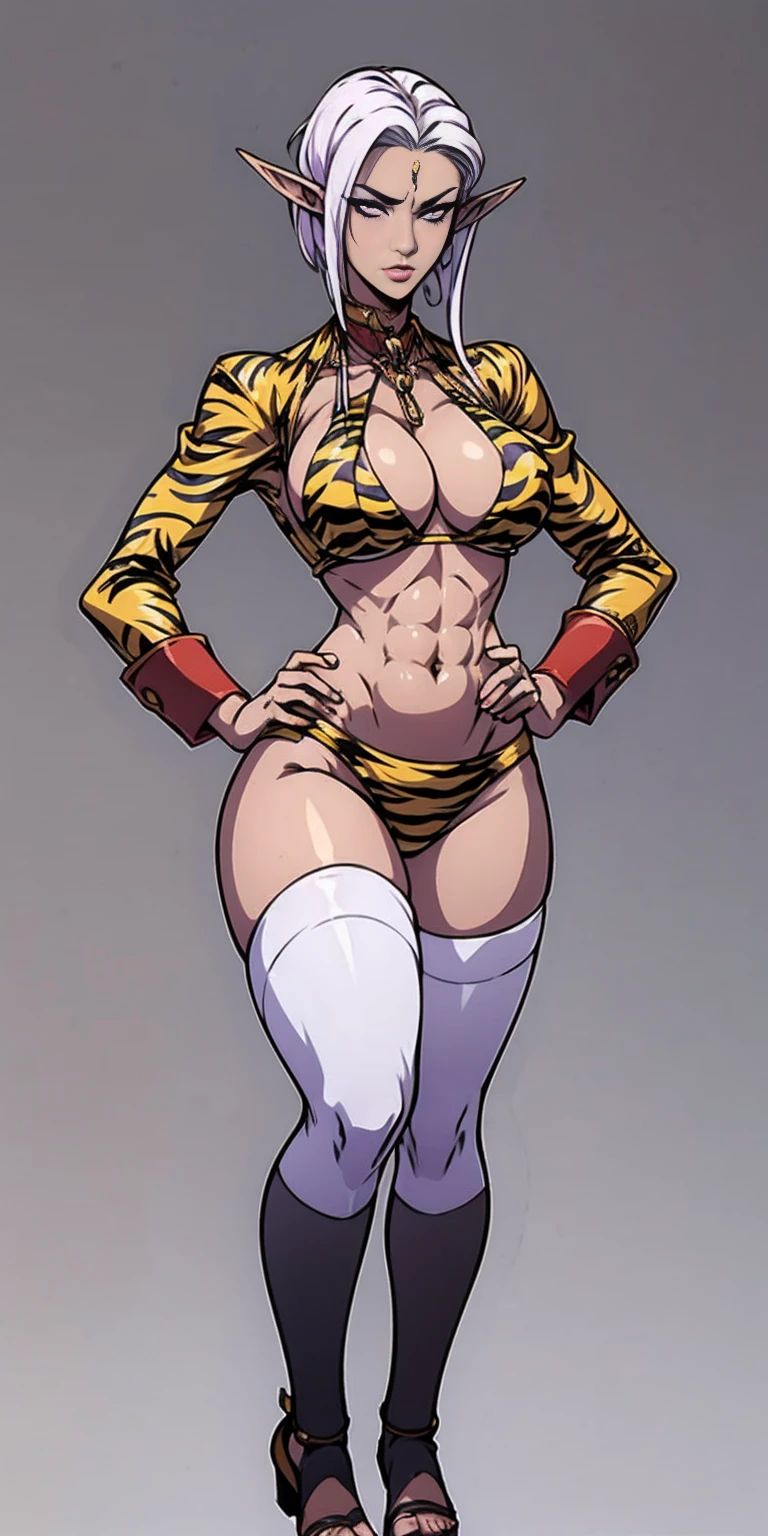 (Masterpiece, grey background:1.2) full body standing straight symmetrical looking to the viewer, view from below, far shot, cow boy shot, purple skin, drow, elf, 1girl, mature, purple eyes, pinched eyes, short silver white hair cut (yellow tiger bikini print long sleeves and long stockings) abs, navel, big knockers, tatter rags, leather choker, chain collar, stomach tattoo (red tattoo) hands on hips, wide hips, thick thighs, metal sandals