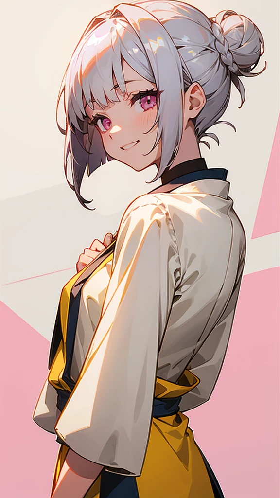 １girl、Silver hair and short bob hairstyles、Hair tied up in a bun with a hair clip、Shining pink round eyes、yellow peasant tunic、upper body close-up、grin、From the side、anime-like、sharp outline