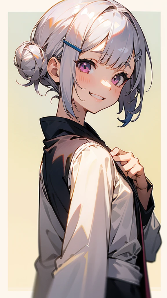 １girl、Silver hair and short bob hairstyles、Hair tied up in a bun with a hair clip、Shining pink round eyes、yellow peasant tunic、upper body close-up、grin、From the side、anime-like、sharp outline