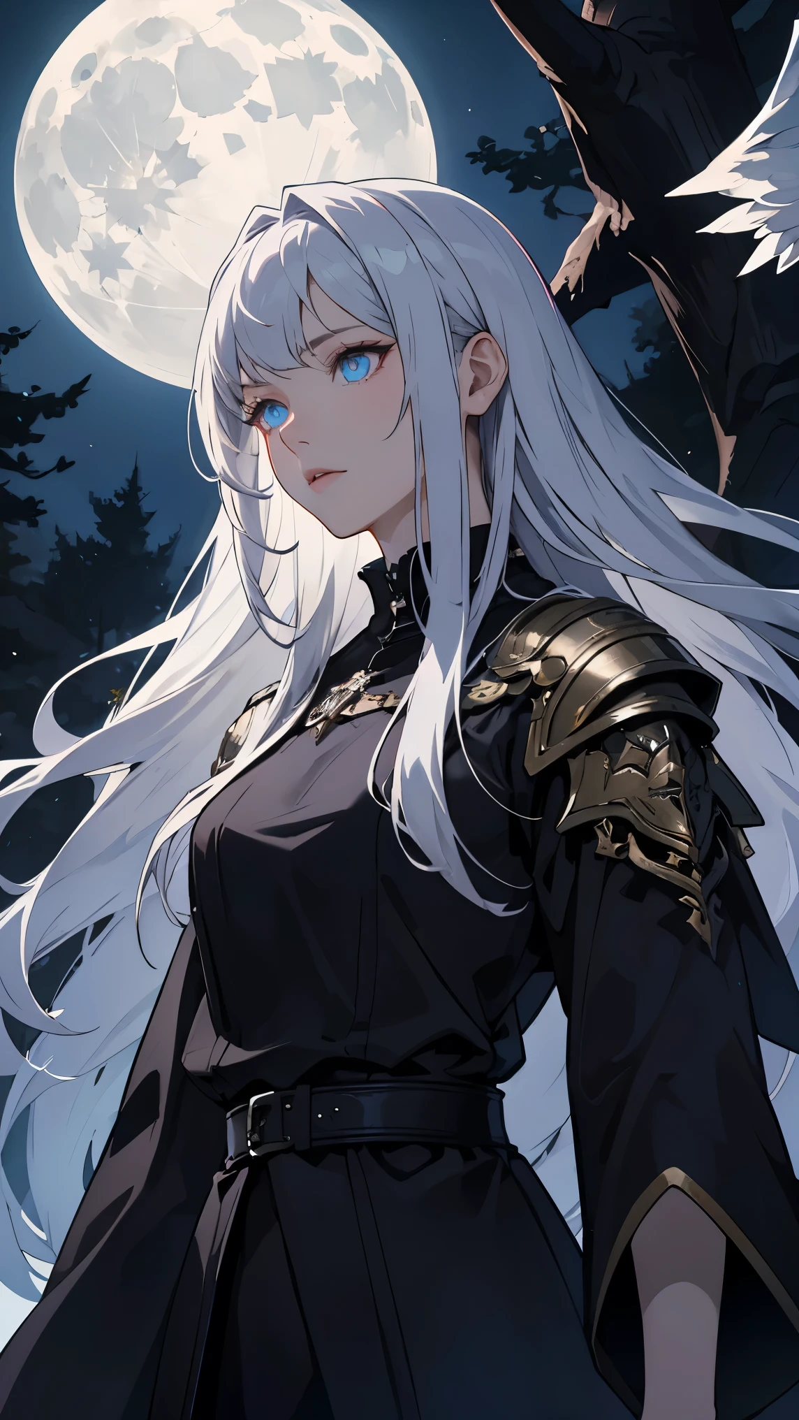 masterpiece, highest quality,  Aasimar, Twilight Cleric, Silver Hair, blue eyes, Glowing Eyes, Moonlight Forest, woman、whole body