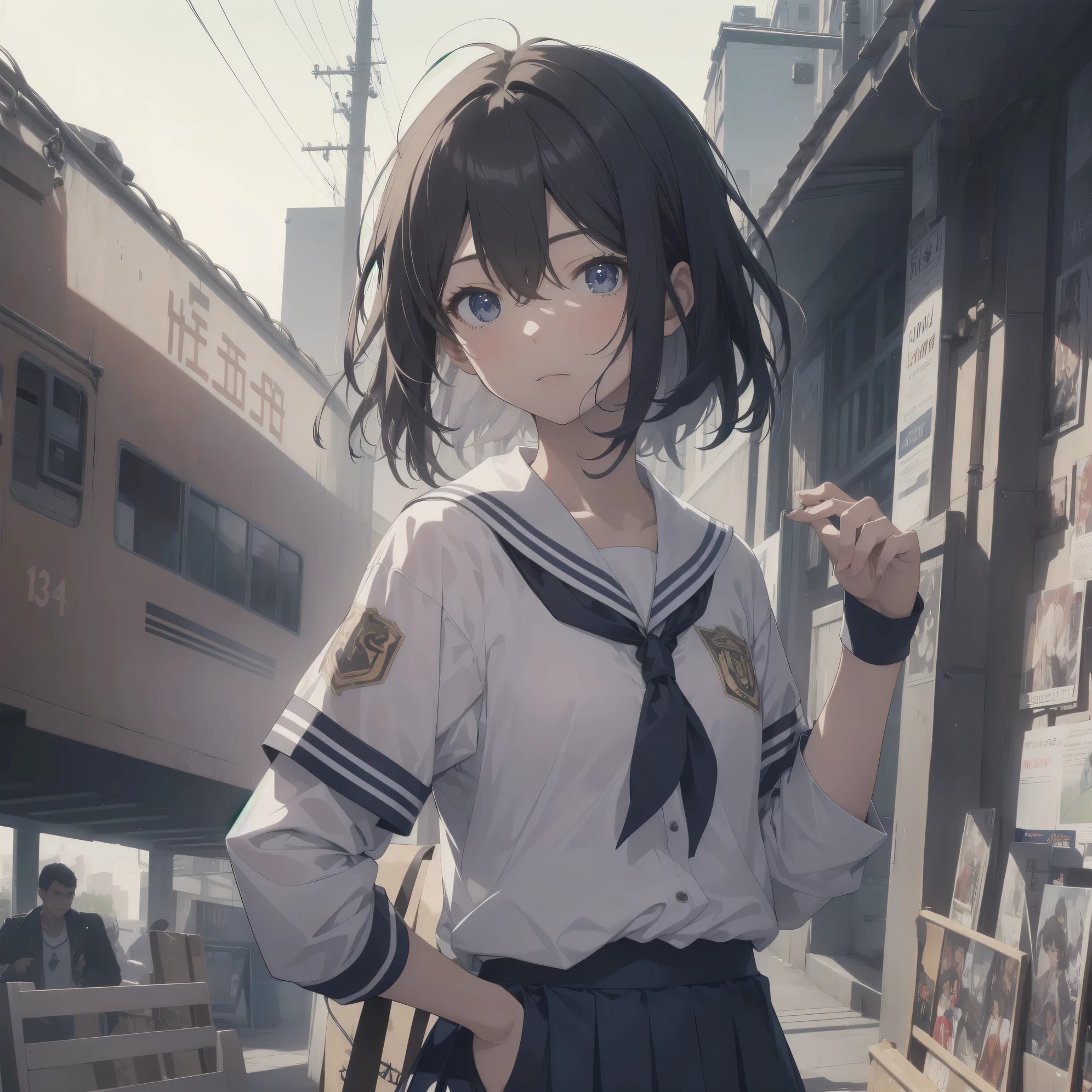 ultra-absurdres-Top quality by artist God, ultra-detailed, high resolution, anime moe artstyle, best anime 8k konachan wallpaper, pixiv contest winner, pool:2810, perfect anatomy,break, 1girl, (Please draw a girl walking sleepily to school alone. )break,(Solo,little female, 13-year-old:1.3),Full limbs, complete fingers,a junior high school student, (very short hair), short cut, flat chest, , small butt, small black eyes, beautiful detailed eyes, well-proportioned iris and pupils, expressive eyes, highres detailed hair, soft expression, salor school_uniform, sailor collar, serahuku, bow, pleated skirt,(Detailed Lighting), (Detailed background), in the School commute route. break,super detailed skin, Best cinematic lighting powered by famous artist, 8k,beauty illustration,photoshop_(medium),very aesthetic,break,((artist:sofra )), artist:clamp ,artist:carnelian ,artist:kantoku ,