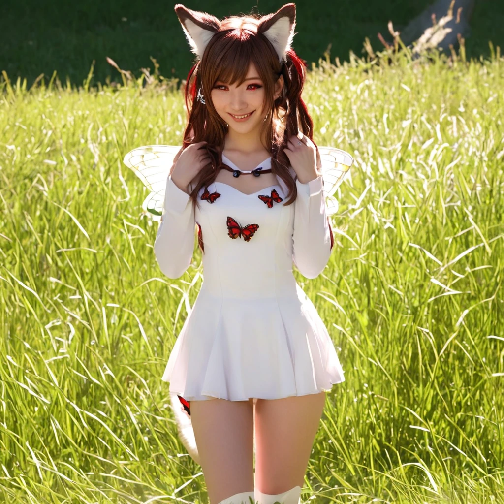 masterpiece,best quality, 1girl, solo, slight smile, slight smile, cherry, sunlight dapple, butterfly, grass animal ears,wolf ears,long hair, tail, wolf tail, red eyes, wolf girl,brown hair,,