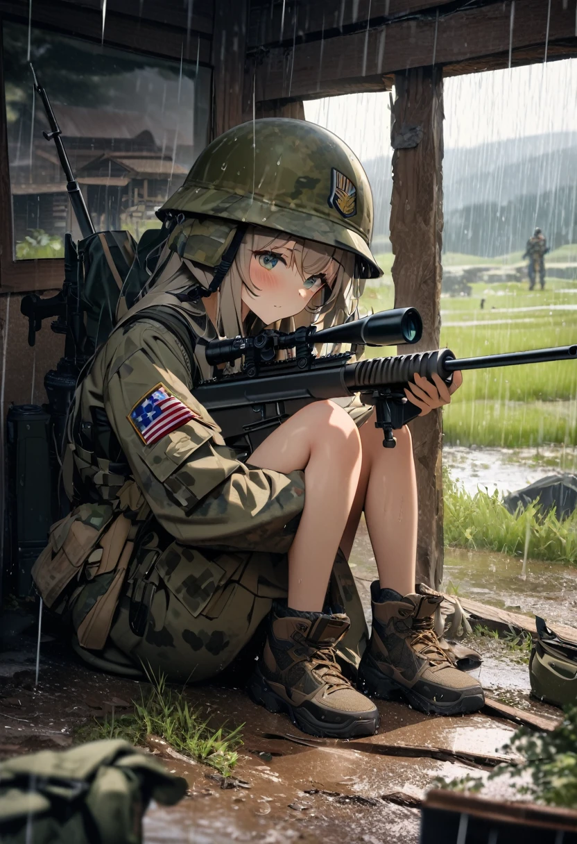 High quality, high definition, high precision images,8k Full HD.1 girl.America,army Modern soldier,sniper rifle,Put on a helmet,(camouflage) 、small hill,it's raining,、rifle over your shoulder 、Taking shelter from the rain in an abandoned hut、one rabbit Sitting looking at the camera,A rabbit-centered perspective
