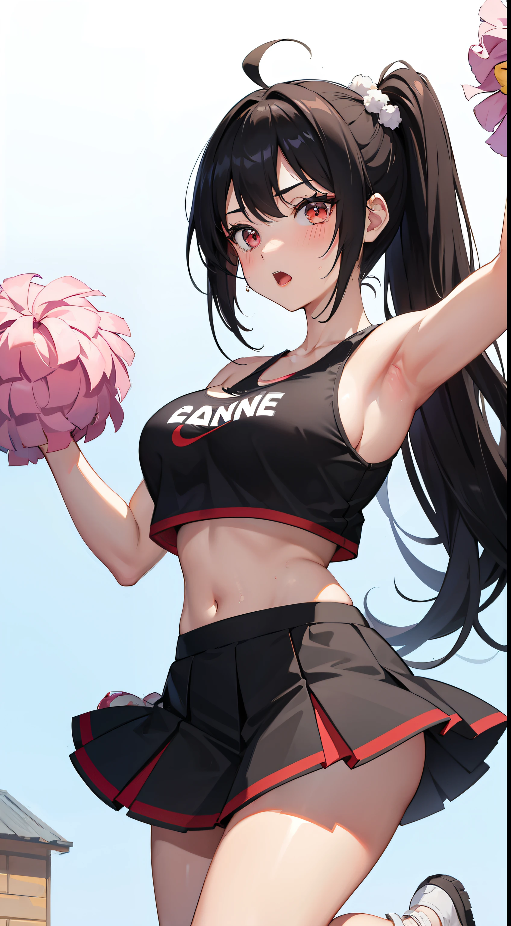 1girl, ahoge, armpits, bangs, bare shoulders, black hair, black panties, blush, breasts, cheerleader, cleavage, crop top, holding, holding pom poms, large breasts, long hair, looking at viewer, mole, mole on breast, navel, open mouth, panties, pom pom \(cheerleading\), red eyes, shirt, shoes, simple background, skirt, sneakers, solo, sweat, thighs, underwear, very long hair