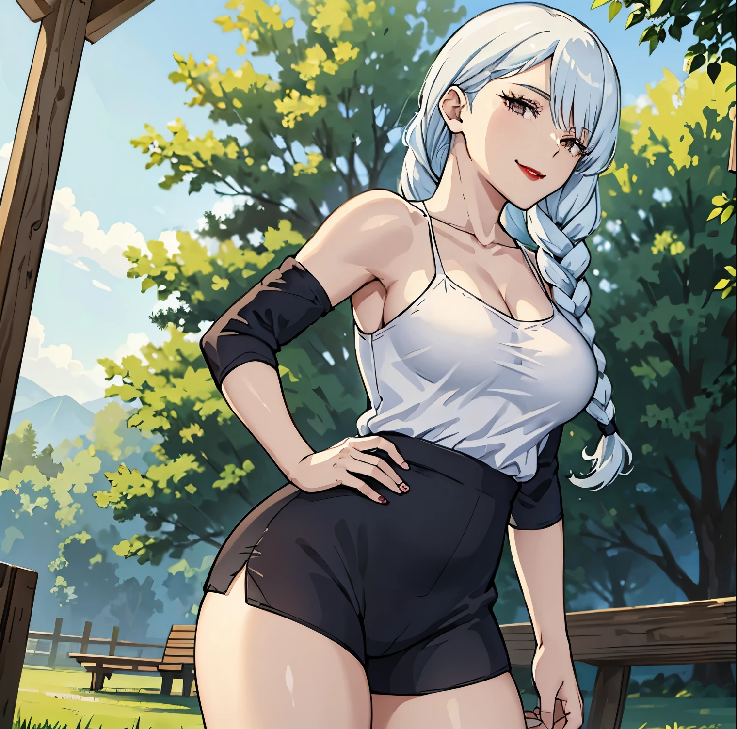 1 girl, alone, mei mei, masterpiece, best quality: 1.2), smile, red lips, ponytail, white top, tight top, (short shorts), side locks, black shorts, alone, (clavicle), clothes tense, open air, no menswear, (long_locks), (thick_locks), bare_neckline, tilted head, silver hair, she is in the center of the image, cowboy photo, standing, (((hand on chin))) , looking at viewer, from behind, point of view (from below), large breasts, medium waist, wide hips, medium thighs, round butt, outdoors, bench, perfect anatomy, perfect hands