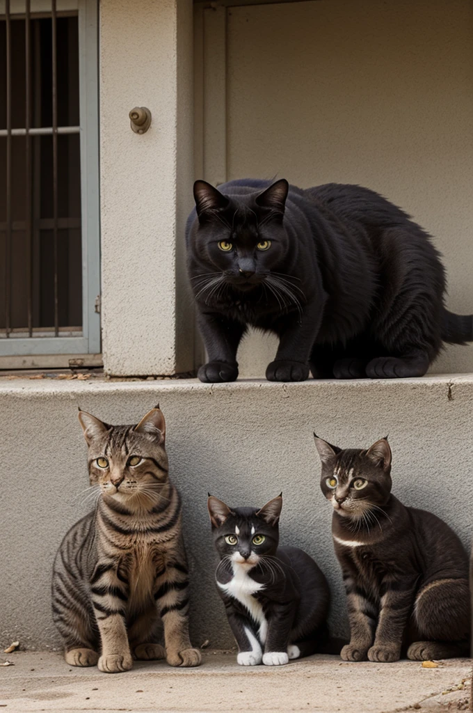 A huge cat and kittens growling and looking angry at humans for their Pepsi-Cola's cans that they considers their property and they won't share with anyone.