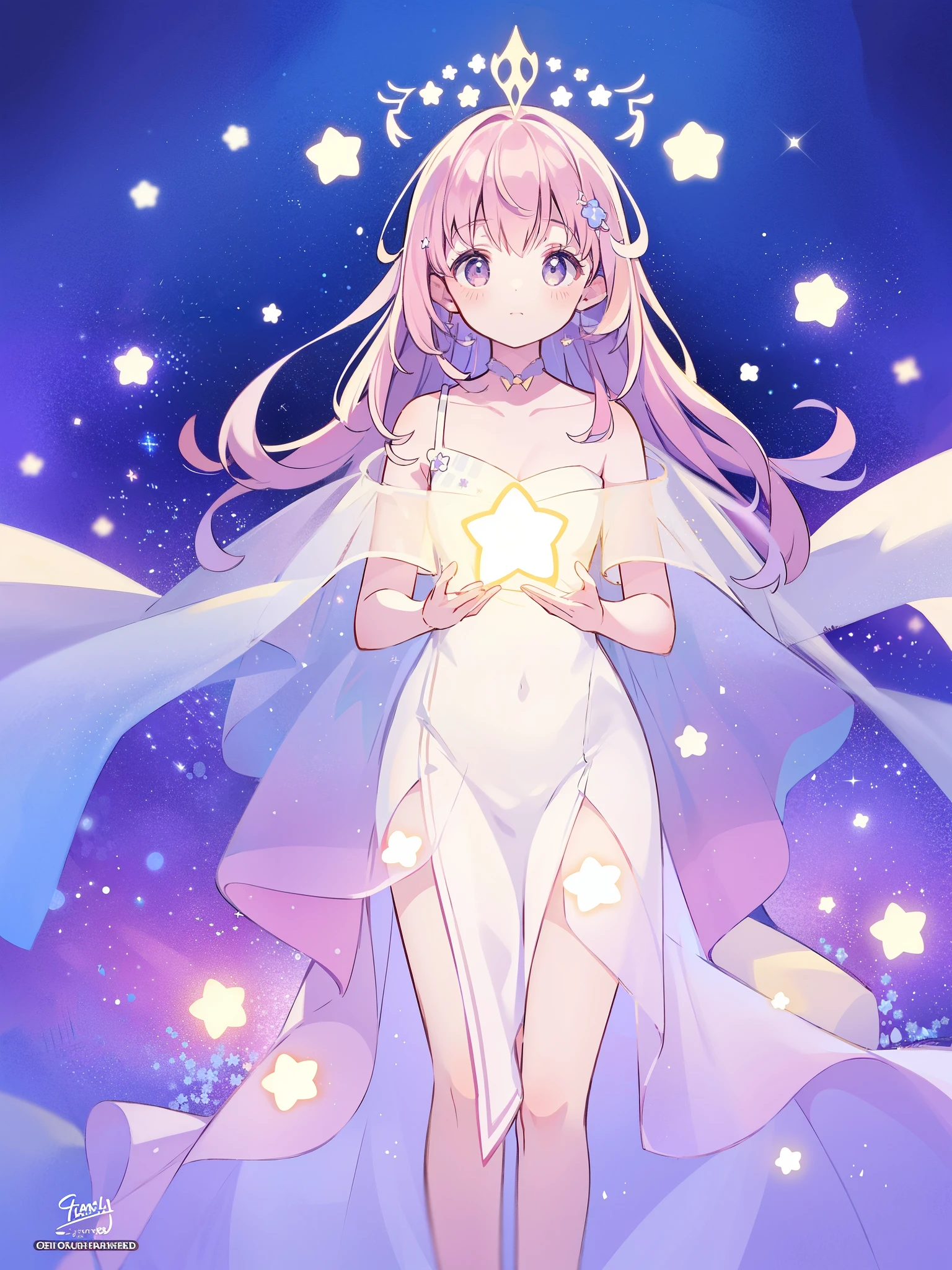 complex background, wishing star background, a woman wearing an ethereal mystical pink translucent dress that reflects the stars, perfume promo art, mystic, complex drawing, highly detailed, Covergirl brand, promo art, artistic rendition, ethereal, starry night, midjourney style