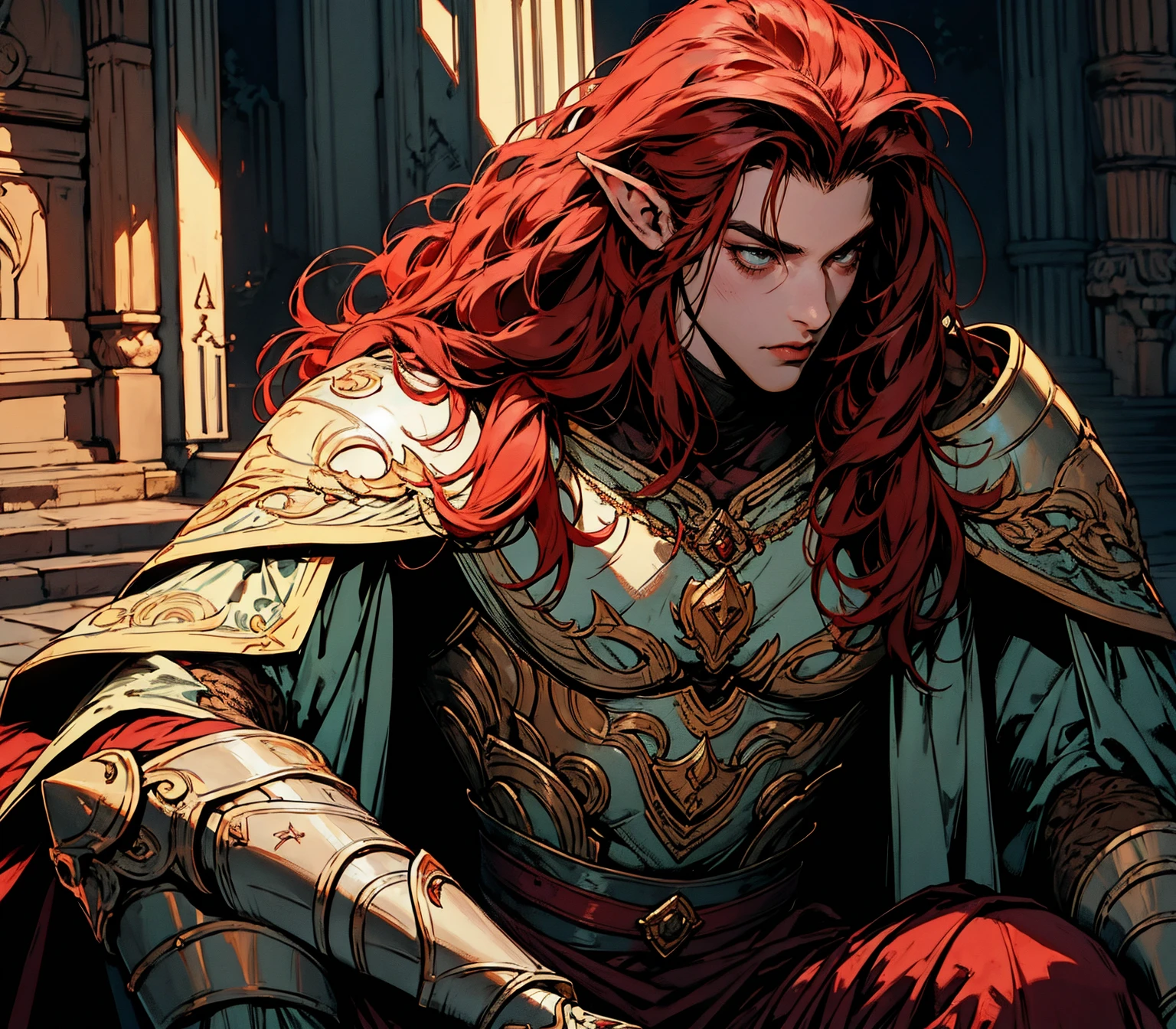 {Obra de arte, melhor qualidade, 1 homem, adulto, foco masculino, Sozinho, red hair, cabelo longo, solo, olhos vibrantes, heavy armor, boca fechada, Fantasy aesthetic, altamente detalhado, cabelo vermelho, estilo shadowverso, armadura do cavaleiro elfo, male face, portrait, elf ear, cabelo vermelho, cabelo vermelho. sitting. Prepare-se para mergulhar em um mundo onde a beleza e o artesanato se fundem perfeitamente, anatomically correct, looking to the side, arm over knee