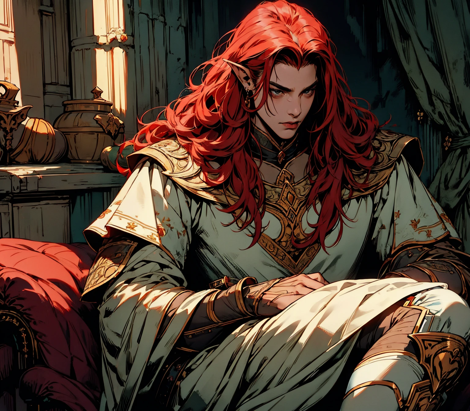 {Obra de arte, melhor qualidade, 1 homem, adulto, foco masculino, Sozinho, red hair, cabelo longo, solo, olhos vibrantes, heavy armor, boca fechada, Fantasy aesthetic, altamente detalhado, cabelo vermelho, estilo shadowverso, armadura do cavaleiro elfo, male face, portrait, elf ear, cabelo vermelho, cabelo vermelho. sitting. Prepare-se para mergulhar em um mundo onde a beleza e o artesanato se fundem perfeitamente, anatomically correct, looking to the side, arm over knee