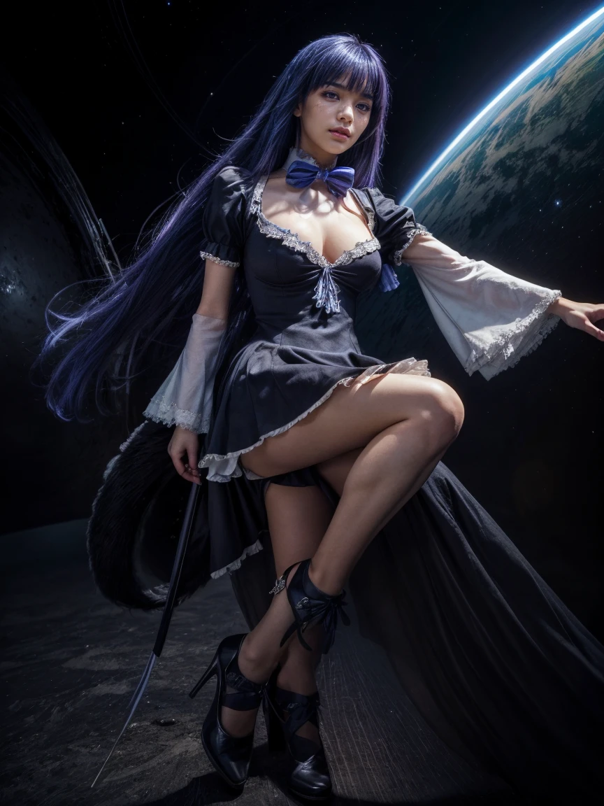(1 lady), (Best quality at best:1.4), (ultra - detailed), (extremely detailed CG unified 16k), A Beautiful Woman with Perfect Figure: 1.4, Sharp Focus: 1.2, purple hair, very detailed, High-definition RAW color photo, professional photoshooting, amazing face and eyes, cosmetics, (amazingly beautiful girl), ((frederica bernkastel)), ((exact clothes: dress, bowtie, mary janes, socks, cat tail, tail bow, tail ornament)), levitating in a cute posture, (floating in space), (She's levitating in a cosmic sea, outer space:1.3, quantum hyperspace room lacking walls, hyperspace chamber, extremely detailed background, a lot of details background, realistic background), (look from above), realistic cinematic face, head to feet long wide zoomed out view, full body long view, photorealistic, ((realistic natural purple hair style, purple eyes)), gorgeous, extremely beautiful face, perfect model beauty, pout mouth, Highly Detailed Face and Skin Texture, Detailed Eyes, Double Eyelids, Big Breasts, Expressionless, (masterpiece), best quality, high resolution, extremely detailed, cinematic lighting, amazing legs, high heels, clear and well-cared skin, pale skin