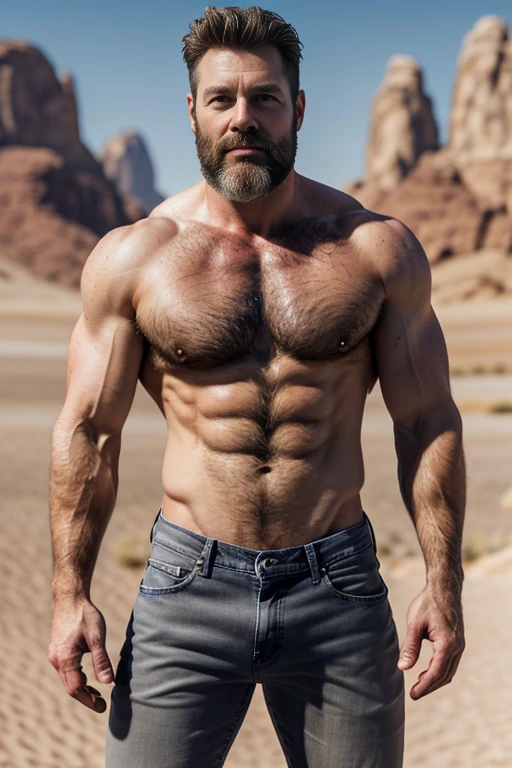 Mature man, very handsome, best quality, adventurer, gray jeans, hairy chest , masterpiece, super high resolution, detailed background, reality, , single, 1 boy, muscle man, beard, desert, desert, mountain, muscle, facial hair, volumetric lighting, depth of field, wheezing, raised crotch, handsome action, big dynamics, 