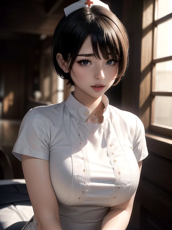 28-year-old Japanese woman,(非常にdetailedな肌),Curvy,,Beautiful big ,(Very large breasts),Pale skin,Pointed Chest,Erect nipples,(Fantasy art,Best image quality,Hyperrealist portrait,(8k),Ultra-realistic,最high quality, high quality, High resolution, high quality texture,Attention to detail,Beautiful details,detailed,Extremely detailed CG,detailed Texture,Realistic facial expressions,masterpiece,in front,dynamic,bold),(((short pixie cut))),(Very thin hair),(Very soft hair),(Super Straight Hair:1.5),length, sleek bangs,Very light coppery amber hair,Hair in one eye、(((She is wearing a nurse&#39;s white coat)))　(((sit astride a high-backed chair)))　(((Sit with your chest against the backrest)))　(((Rear View)))　(((Photo from behind)))　(((She&#39;s not wearing anything under her white coat skirt.))(((Genitals exposed and wet)))　(((彼女はAccentuate your buttために背中を反らせている)))　(((The lines of the body are clearly visible)))、(((Depiction of beautiful fingers)))　(((Beautiful body depiction)))　(((Sit with your legs apart)))、(((Accentuate your butt)))、(((Full body photo)))、(((Low angle photo)))、(((Correct ankle orientation)))(((The correct number of legs)))　(((Accurate Body Composition)))　