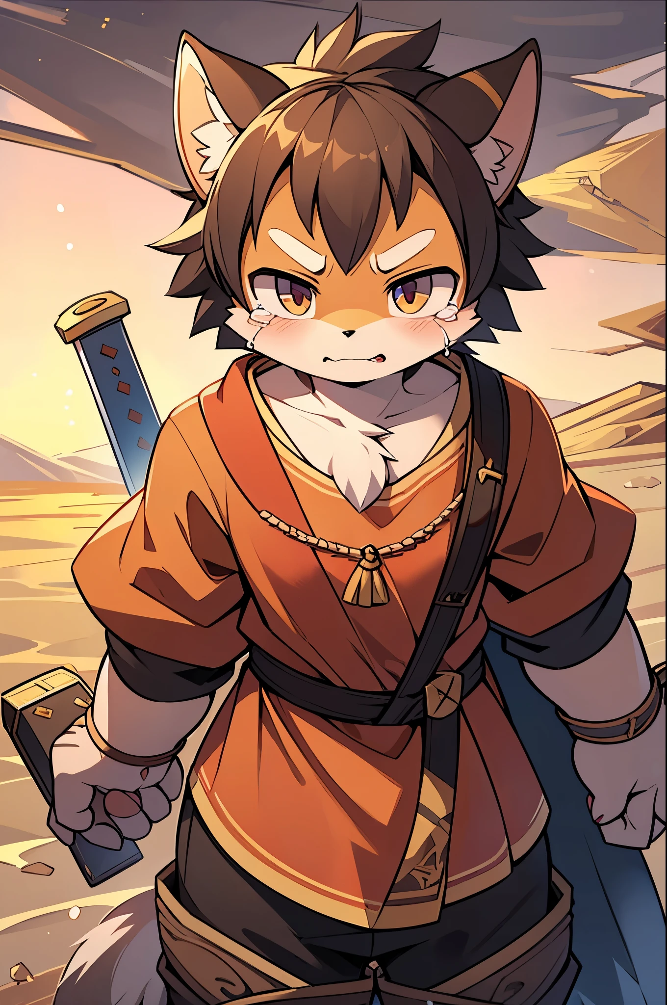 a cat boy,handing a sword,((warriors), serious look, crying expressions, Desert Background,
