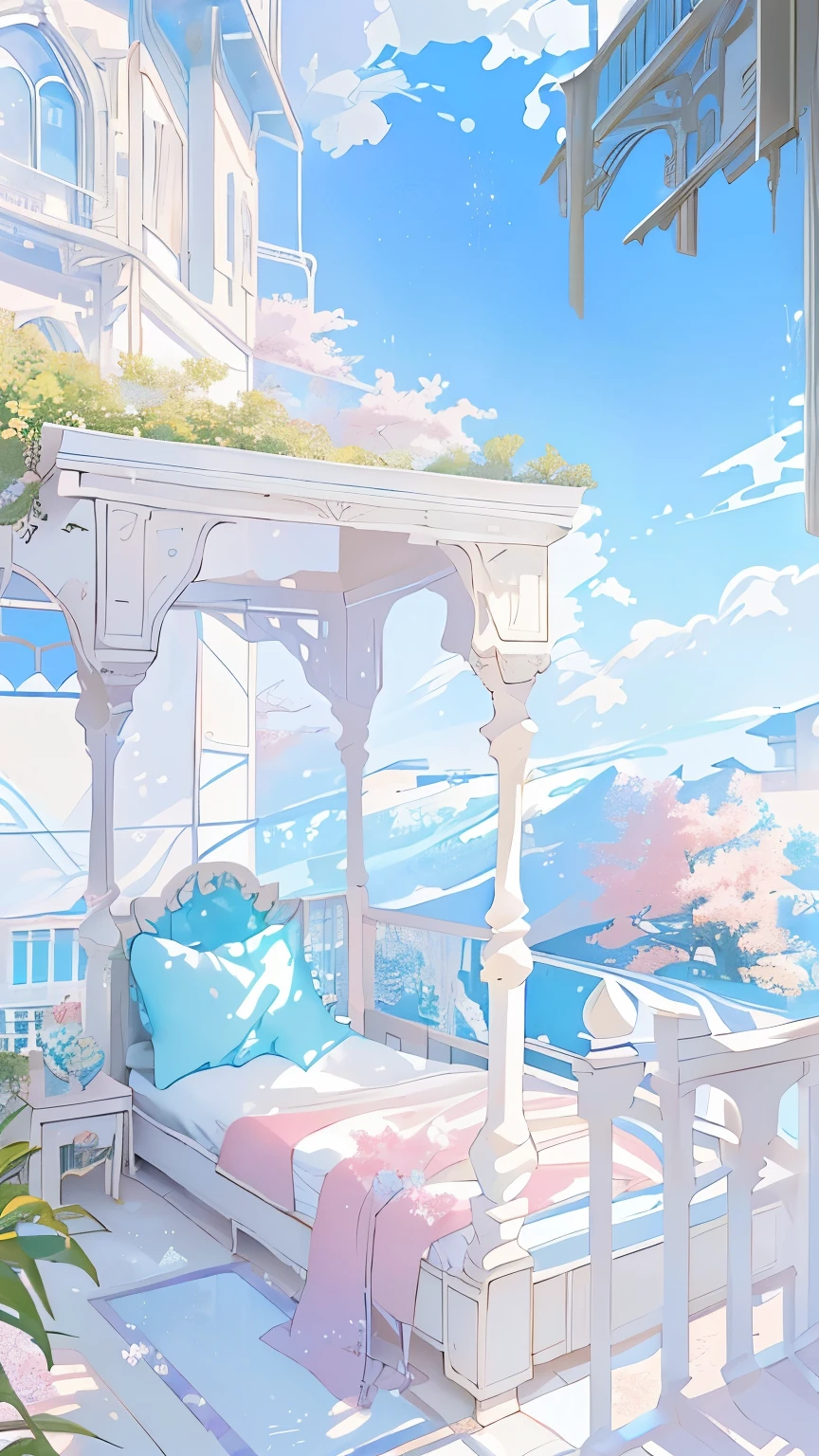 There is a white bed on the terrace next to the swimming pool, Anime Background art, Anime beautiful peaceful scene, Anime Background, Fantasy Landscape Art, Landscape Artwork, Detailed scenery —width 672, beautiful Anime Landscape, Bedroom Background, Anime Landscape, Beautiful anime scene, Dreamy and detailed, Personal room background, bubble landscape, Landscape wallpaper aesthetic, Relaxation concept art