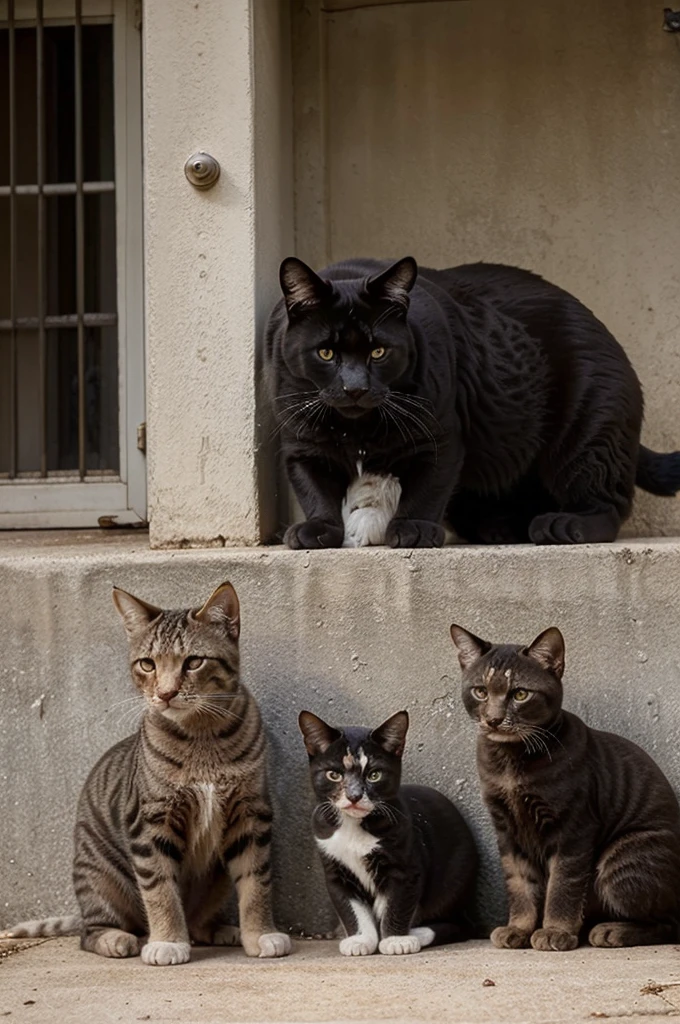 A huge cat and kittens growling and looking angry at humans for their Pepsi-Cola's cans that they considers their property and they won't share with anyone.
