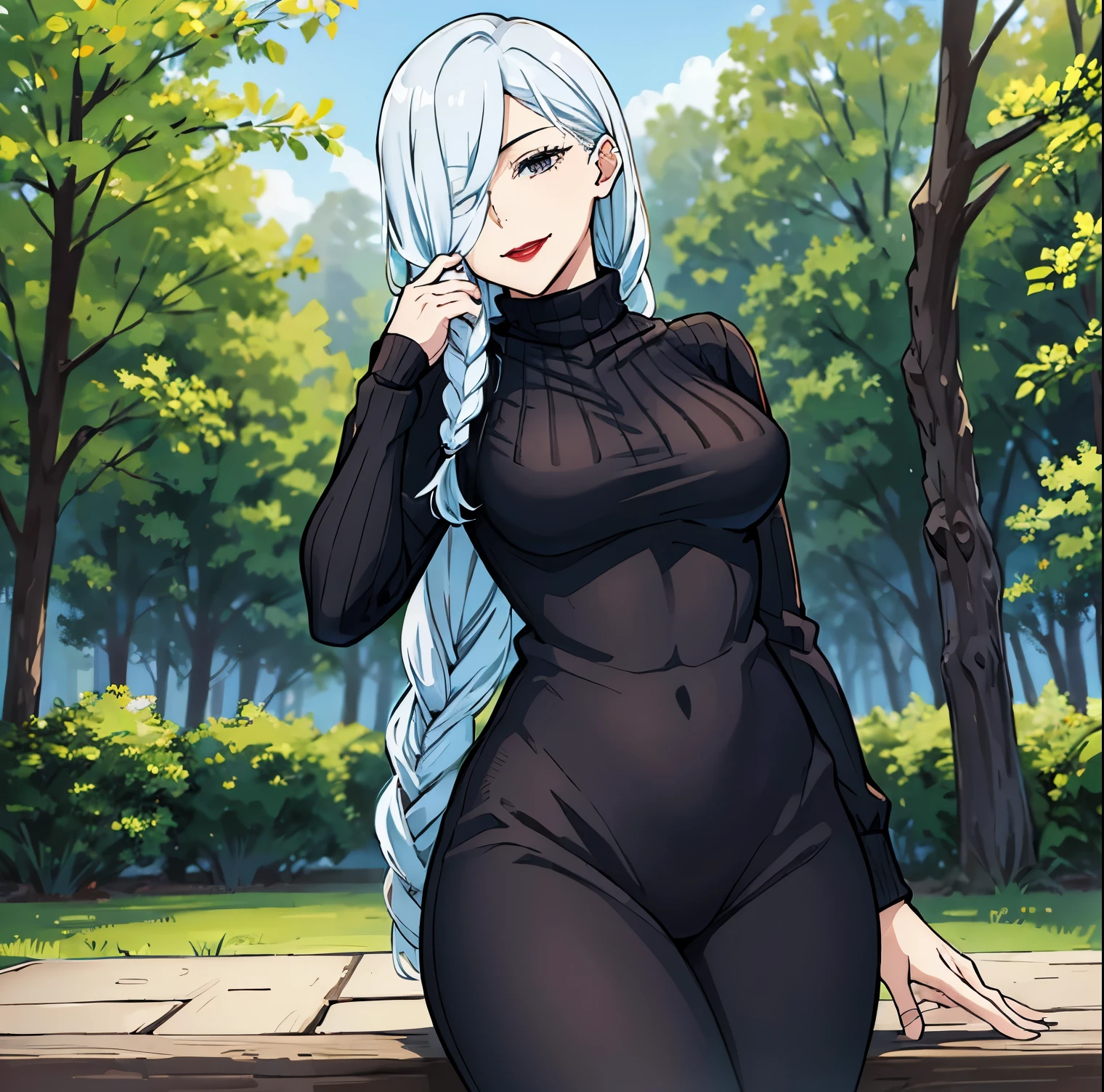 1 girl, alone, mei mei, masterpiece, best quality: 1.2), smile, red lips, ponytail, black sweater, (ribbed sweater), alone, (collarbone), tight clothing, open air, no menswear, ( long_locks), (thick_locks), head tilted, silver hair, she is in the center of the image, cowboy photo, standing, (((hand on chin))), looking at viewer, from behind, point of view (from below), big breasts, medium waist, wide hips, medium thighs, round butt, outdoors, bench, perfect anatomy, perfect hands