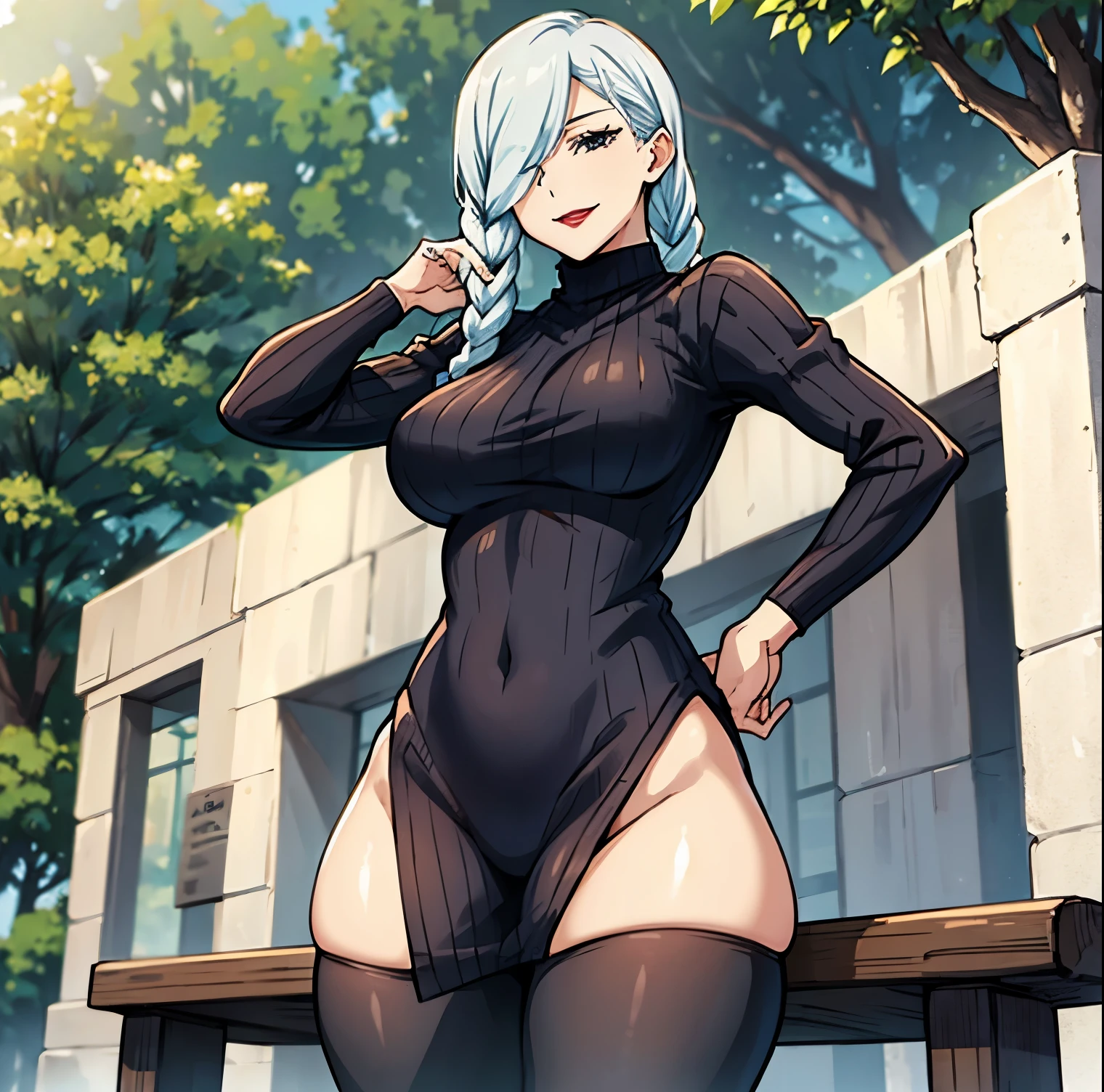 1 girl, alone, mei mei, masterpiece, best quality: 1.2), smile, red lips, ponytail, black sweater, (ribbed sweater), alone, (collarbone), tight clothing, open air, no menswear, ( long_locks), (thick_locks), head tilted, silver hair, she is in the center of the image, cowboy photo, standing, (((hand on chin))), looking at viewer, from behind, point of view (from below), big breasts, medium waist, wide hips, medium thighs, round butt, outdoors, bench, perfect anatomy, perfect hands