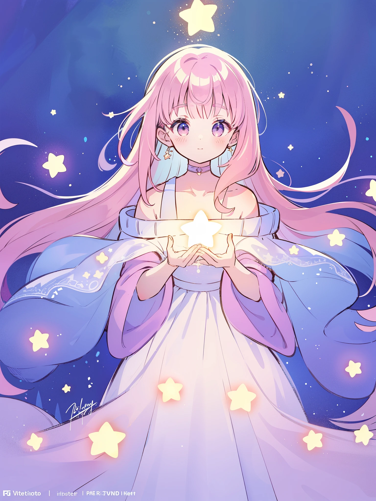 complex background, wishing star background, a woman wearing an ethereal mystical pink translucent dress that reflects the stars, perfume promo art, mystic, complex drawing, highly detailed, Covergirl brand, promo art, artistic rendition, ethereal, starry night, midjourney style