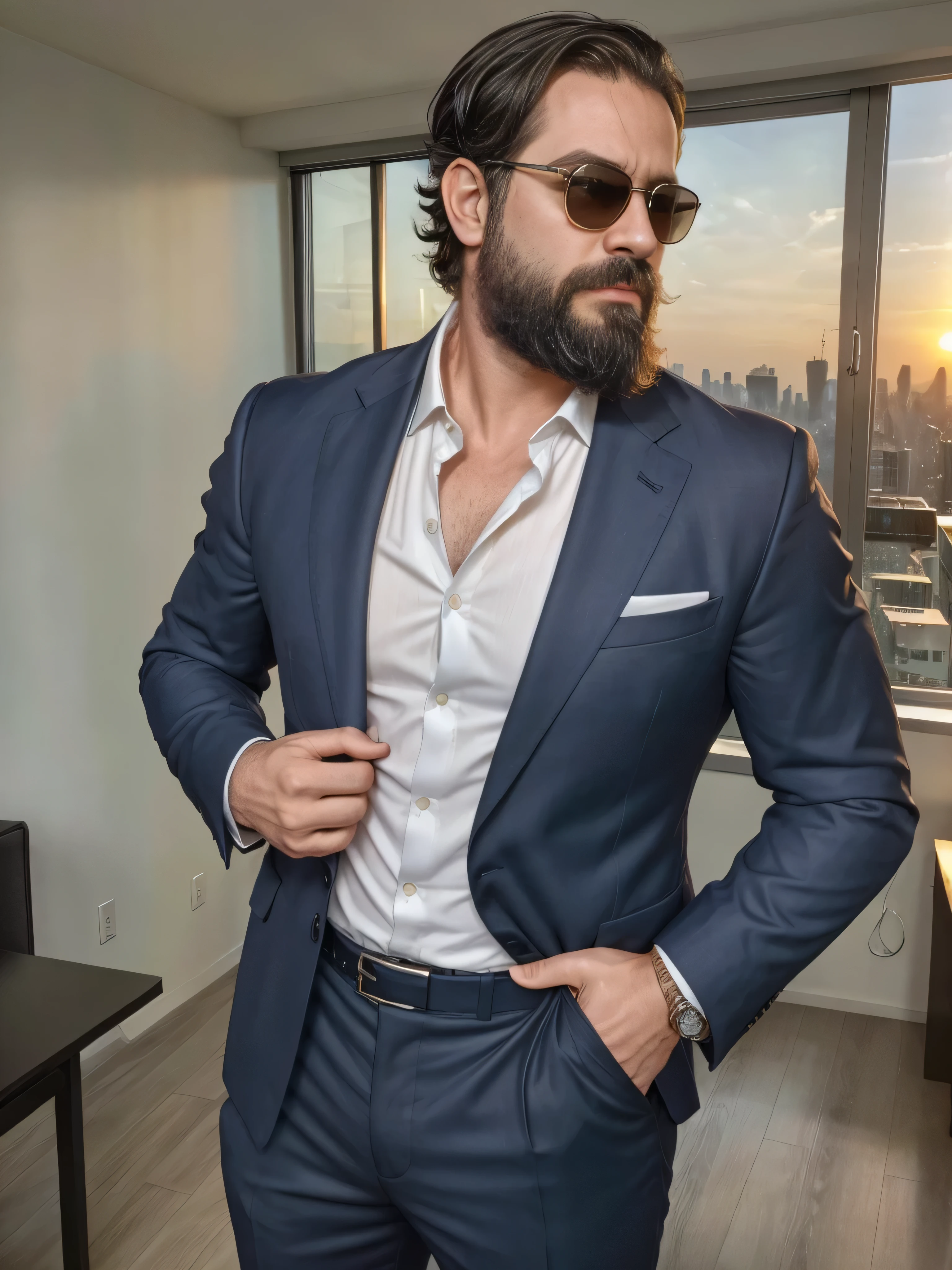 {
  "prompt": "A very masculine 38-year-old man with a beard and wearing dark sunglasses, shown in a medium close-up shot displaying the upper part of his body. He is dressed in a modern, fitted navy blue suit with a crisp white shirt, no tie. The background is a sleek, high-tech office with large glass windows overlooking a city skyline at sunset, with warm golden and orange hues filling the scene. The man's posture is confident and relaxed, with his hands casually in his pockets. His well-groomed beard and stylish attire convey a sense of professionalism and sophistication, while the vibrant city lights outside add a dynamic and contemporary feel to the image.",
  "size": "1024x1024"
}