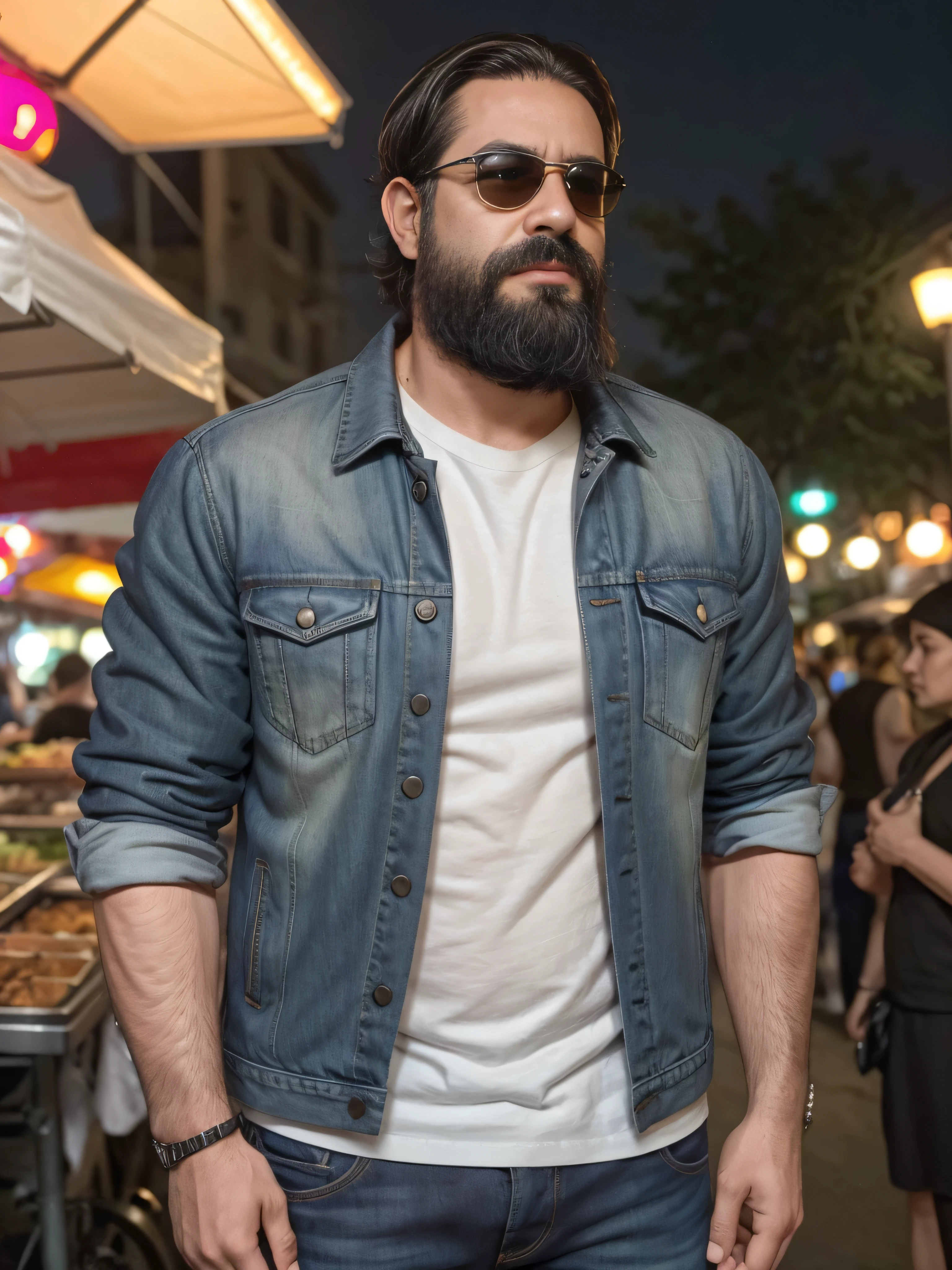 {
  "prompt": "A very masculine 38-year-old man with a beard and wearing dark sunglasses, shown in a medium close-up shot displaying the upper part of his body. He is wearing a casual, trendy outfit consisting of a fitted grey t-shirt and a dark denim jacket. The background is a bustling street market at night, illuminated by colorful lanterns and various street food stalls. The atmosphere is vibrant and lively, with people milling about and the scent of different cuisines in the air. The man stands confidently, his beard neatly trimmed, and his expression relaxed yet focused, blending effortlessly into the energetic urban scene around him.",
  "size": "1024x1024"
}