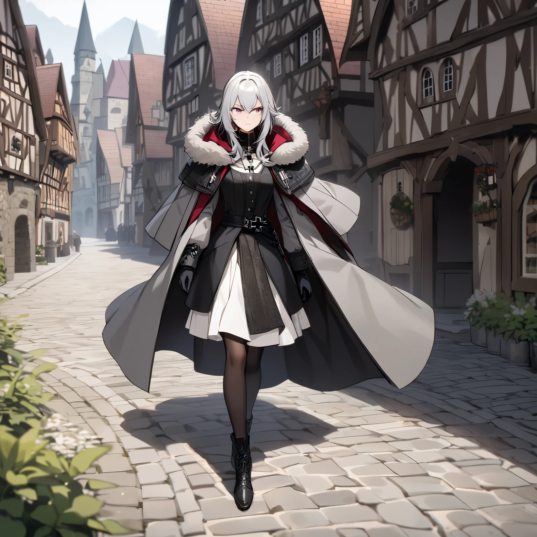 A woman wearing a luxurious gray cold-weather coat, black tights, black military hat, long black cape, long silver hair, burgundy eyes, serious face, full body, black gloves, German iron cross necklace, walking on a stone sidewalk luxurious medieval, in a traditional German town,
