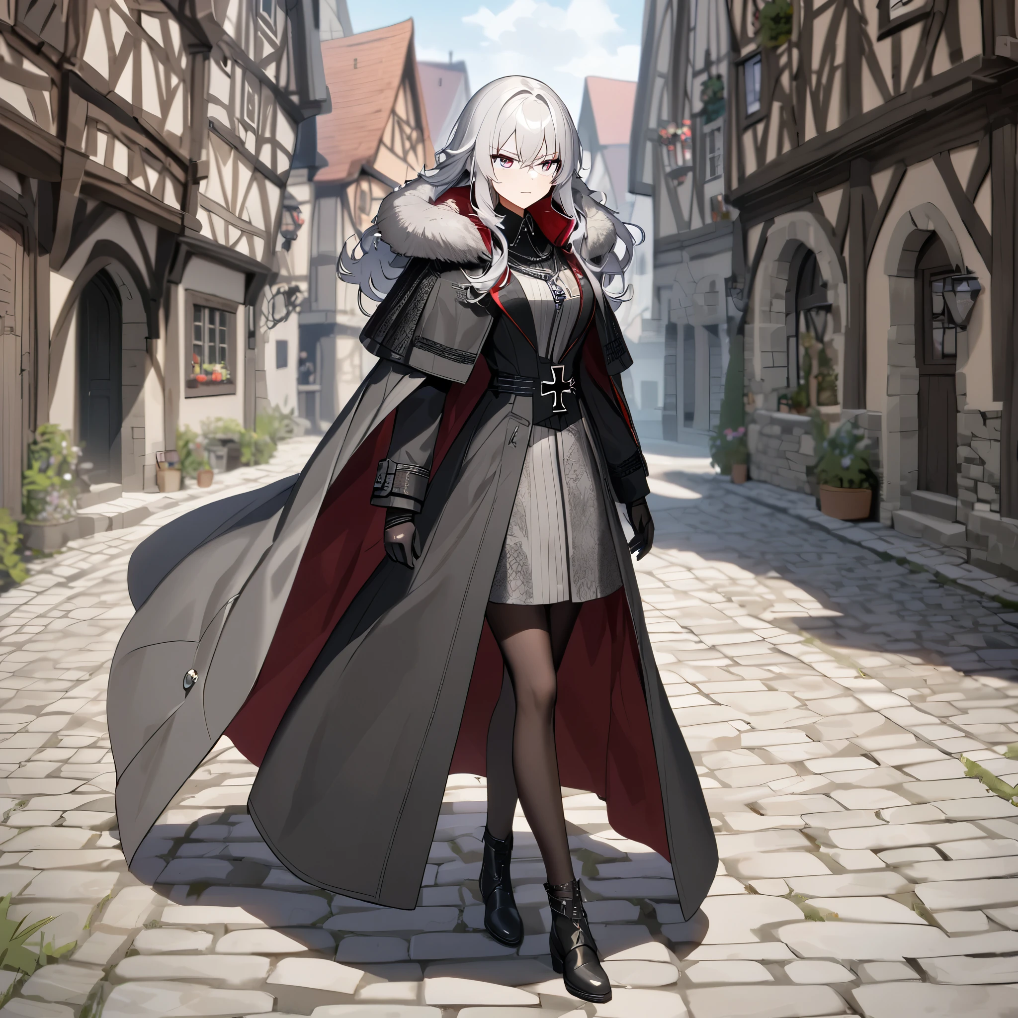 A woman wearing a luxurious gray cold-weather coat, black tights, black military hat, long black cape, long silver hair, burgundy eyes, serious face, full body, black gloves, German iron cross necklace, walking on a stone sidewalk luxurious medieval, in a traditional German town,
