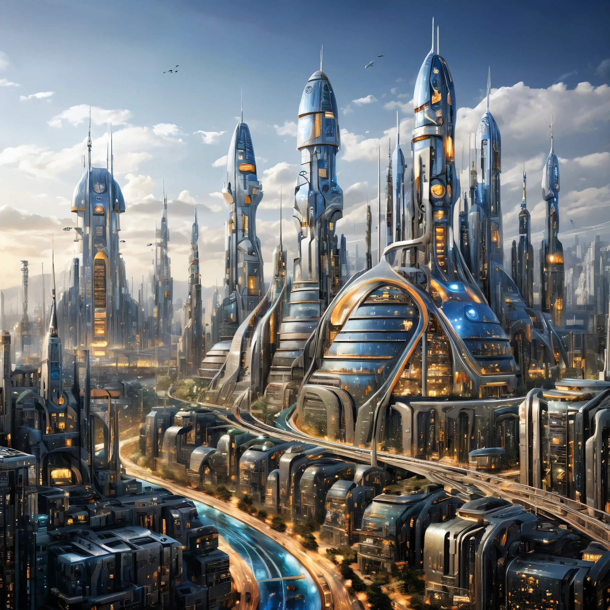A futuristic city entirely inhabited by robots, with advanced robotic architecture and technology, photorealistic, finely rendered textures, bold coloration.